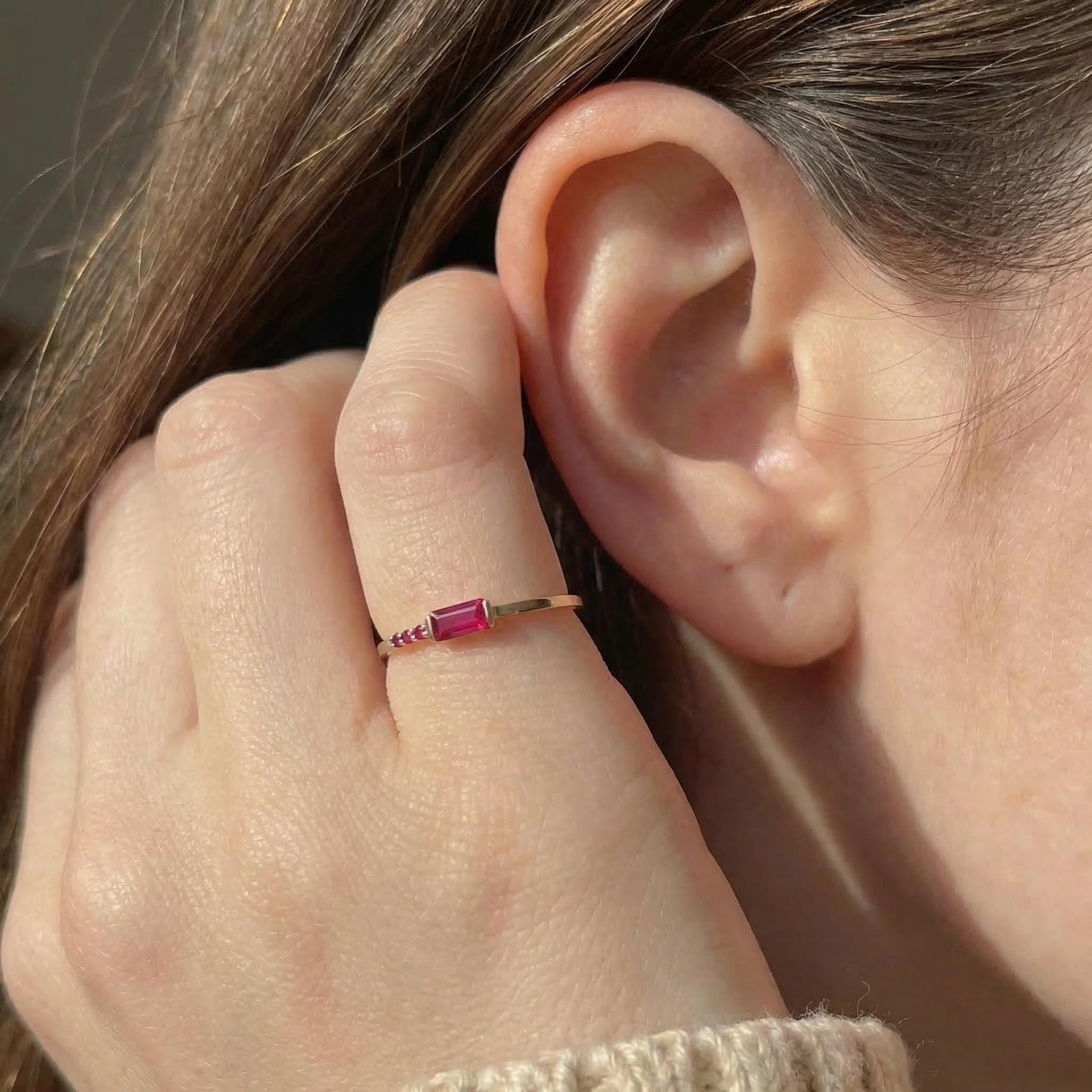 Baguette Ruby Ring | Dainty Minimalist July Birthstone Jewelry | Personalized Gift for Her | Mother’s Day Ring