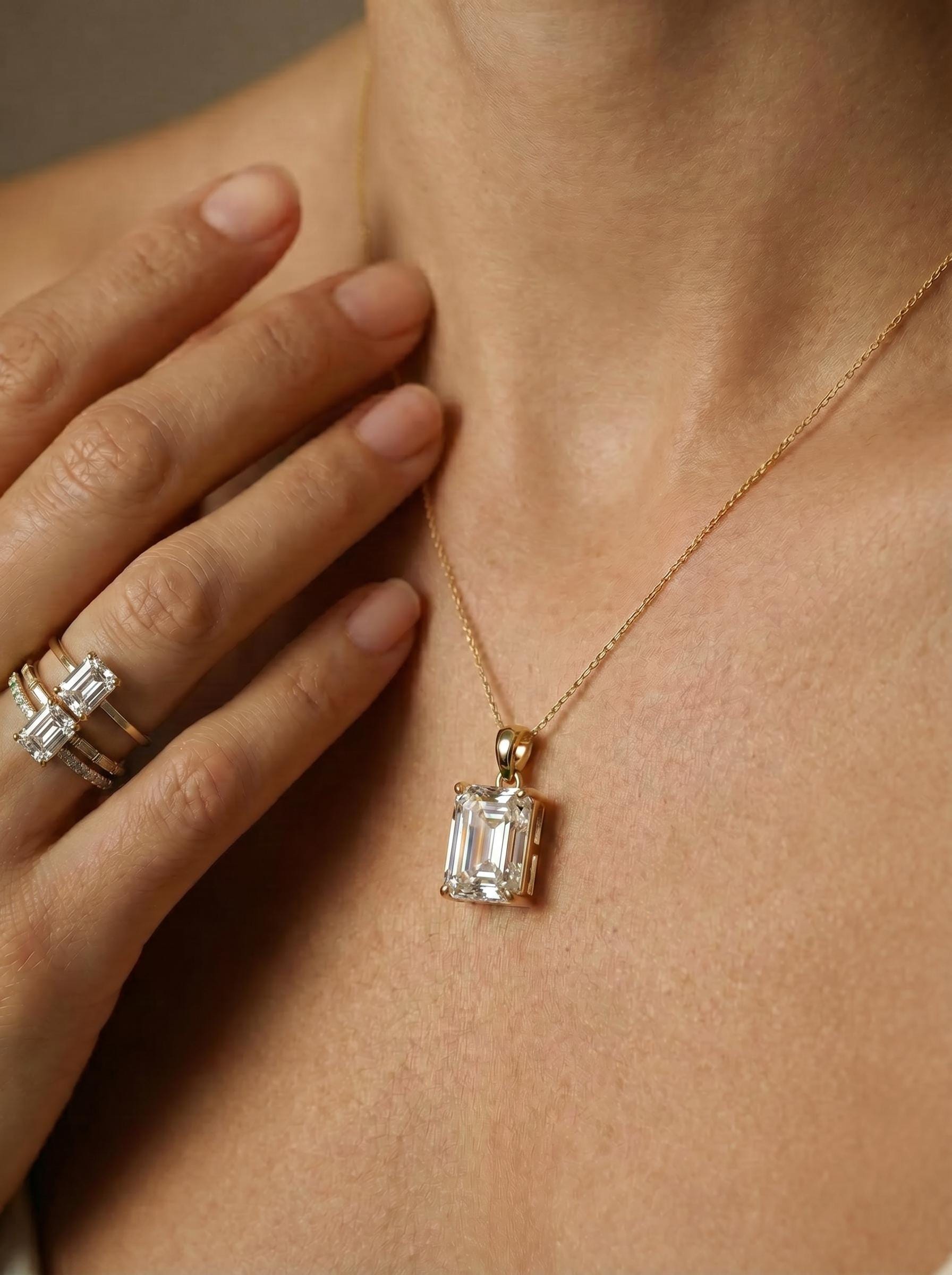 Radiant Emerald Cut Diamond Necklace | 14K Gold Dainty Pendant | Minimalist Diamond Simulant | Anniversary Gift For Her