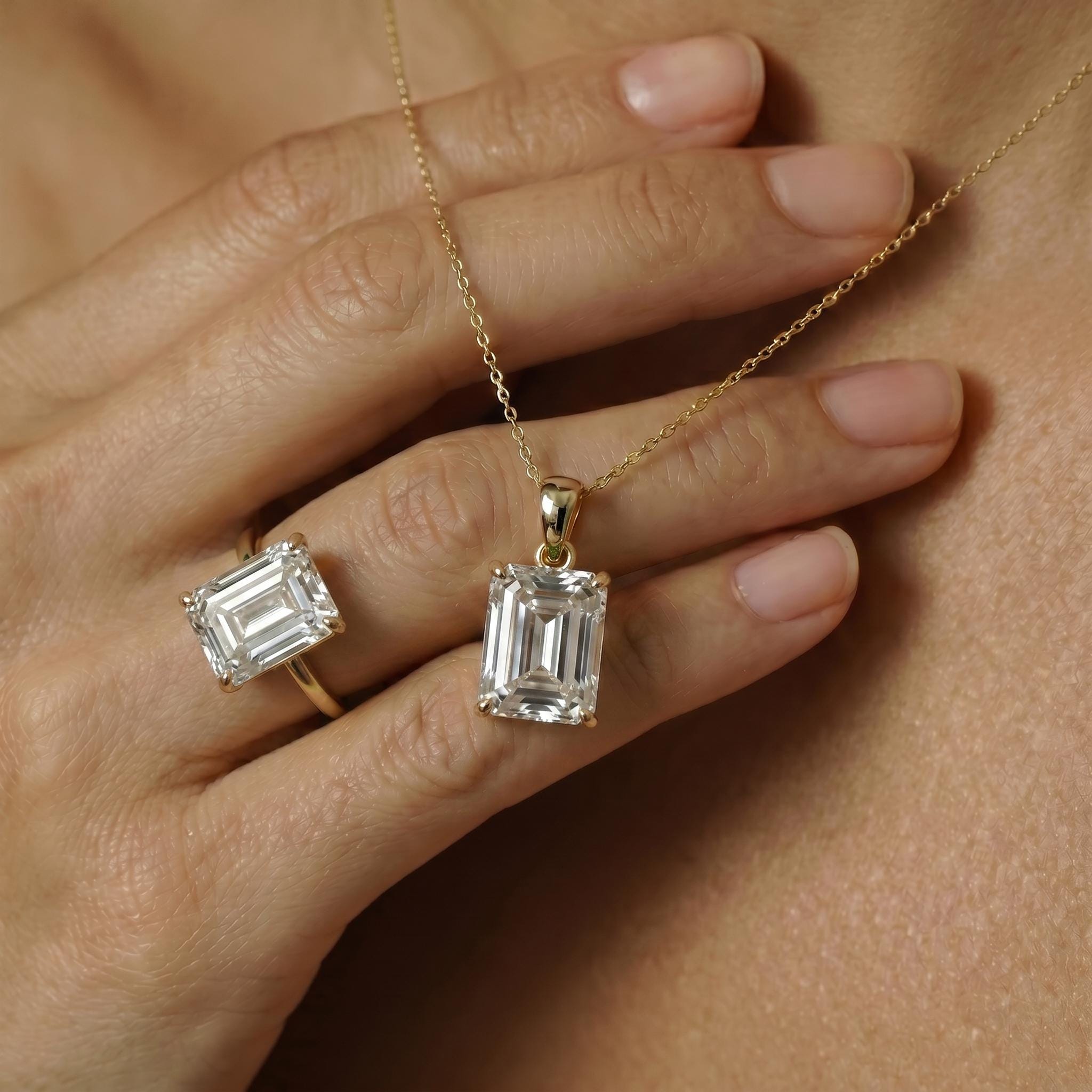 Radiant Emerald Cut Diamond Necklace | 14K Gold Dainty Pendant | Minimalist Diamond Simulant | Anniversary Gift For Her