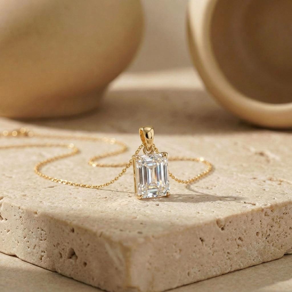 Radiant Emerald Cut Diamond Necklace | 14K Gold Dainty Pendant | Minimalist Diamond Simulant | Anniversary Gift For Her