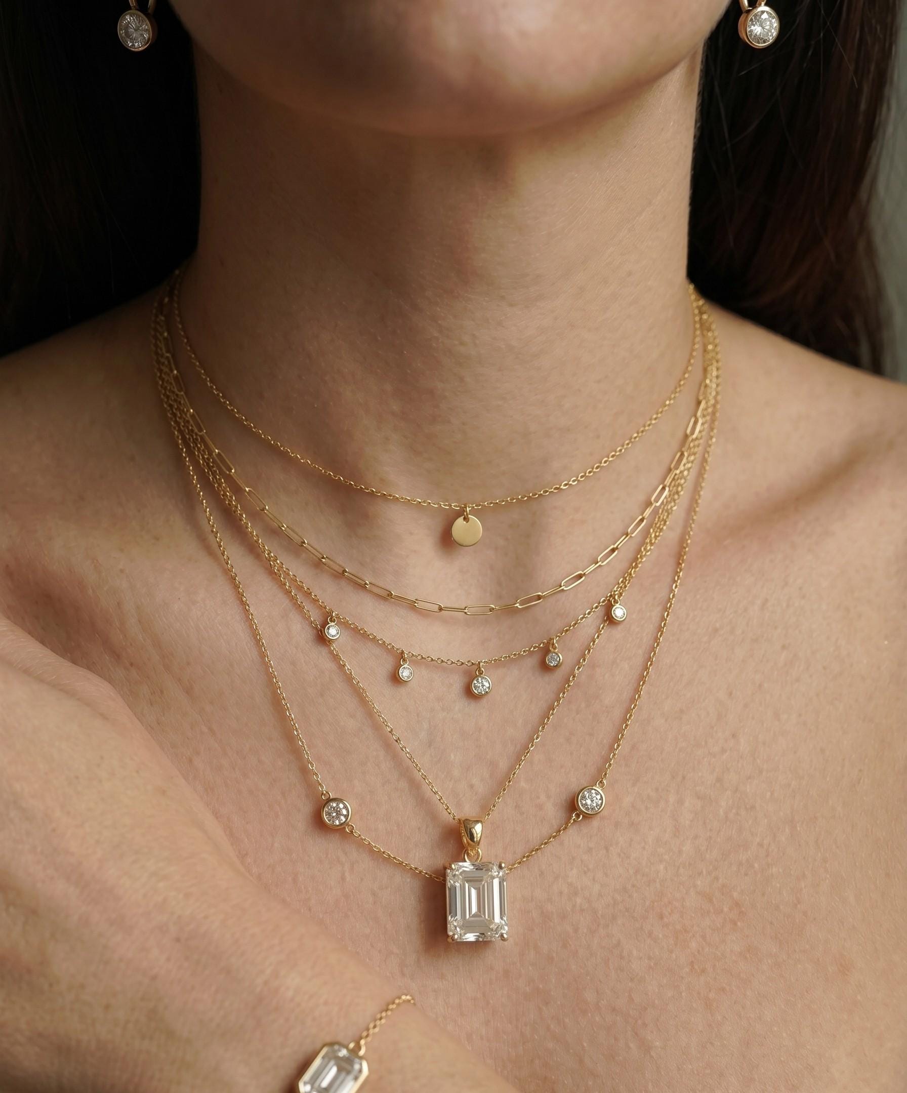 Radiant Emerald Cut Diamond Necklace | 14K Gold Dainty Pendant | Minimalist Diamond Simulant | Anniversary Gift For Her