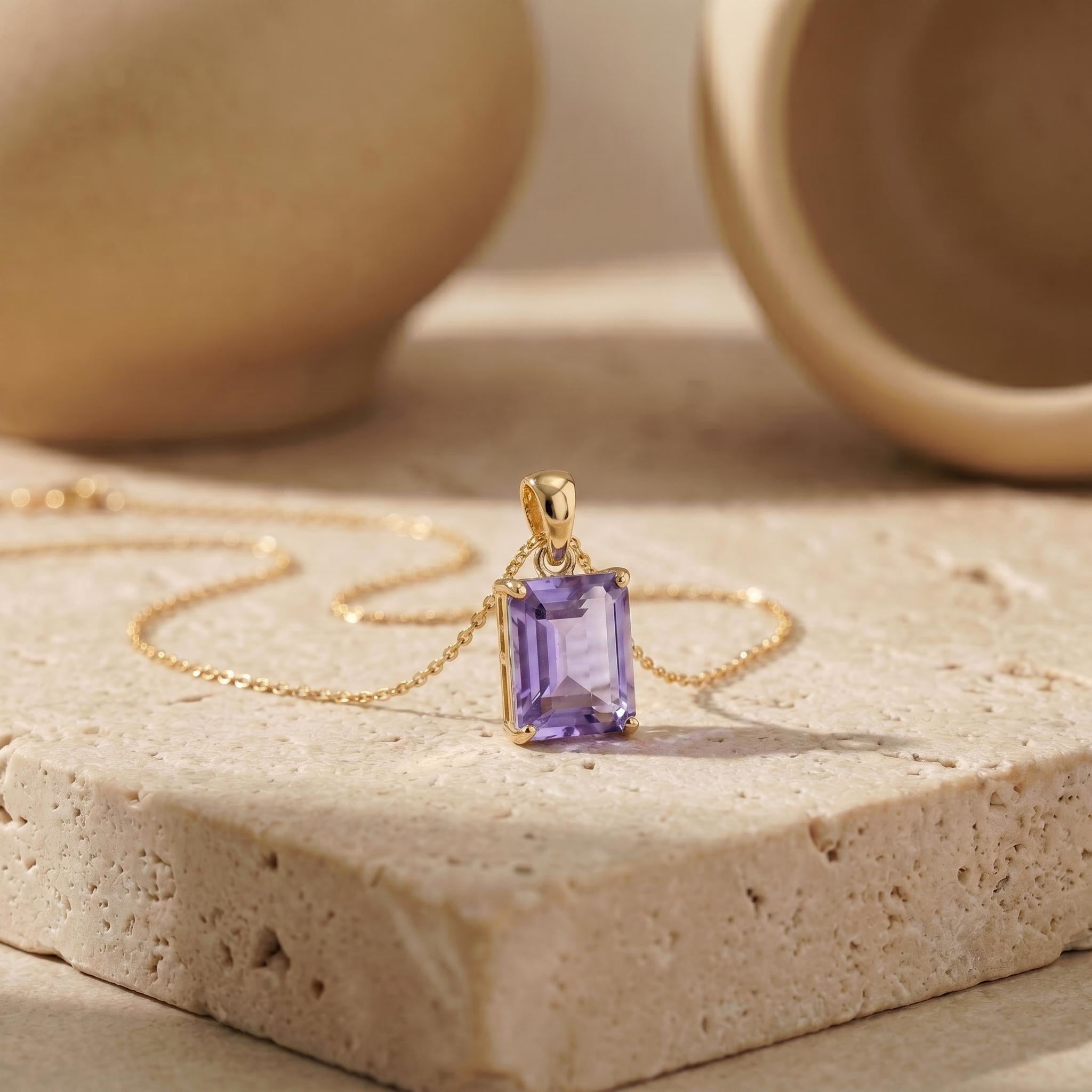 Elegant Amethyst Rectangle Pendant Necklace | Gold Plated Delicate Chain | February Birthstone Gift for Her | Minimalist Gemstone Jewelry