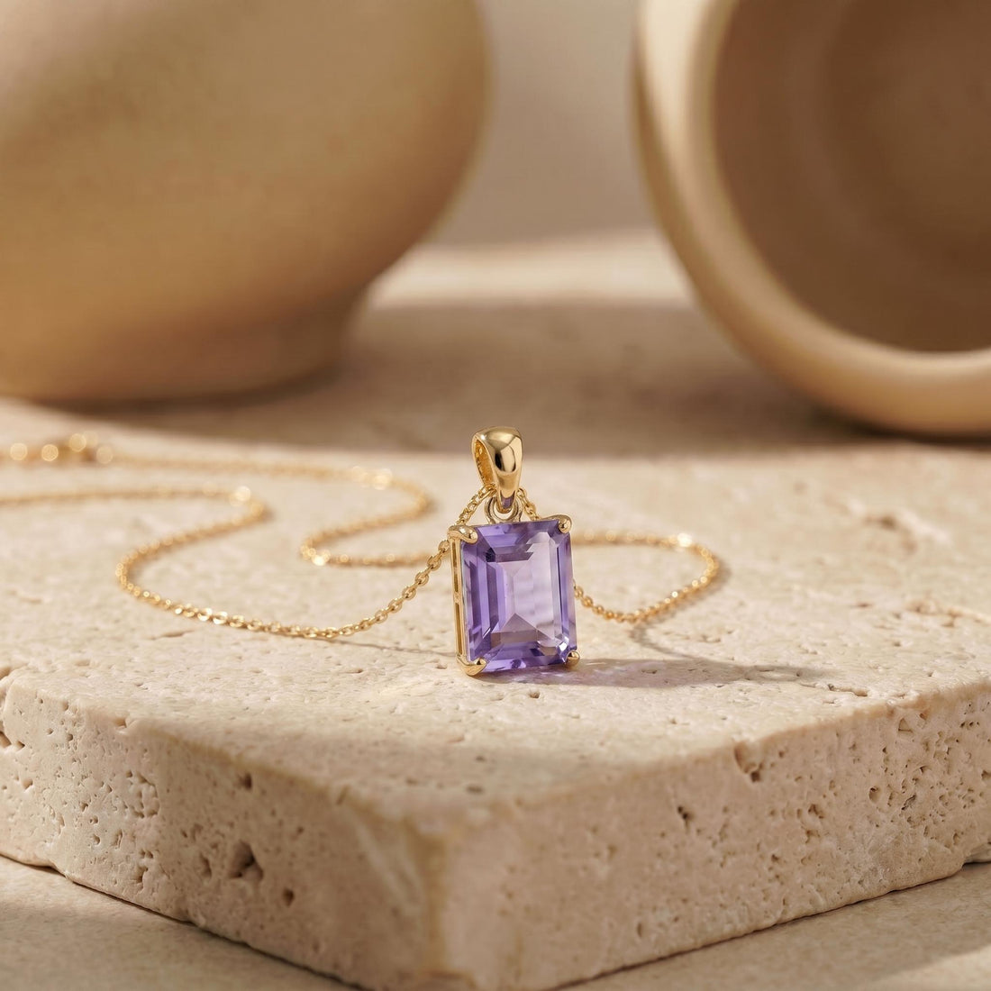 Elegant Amethyst Rectangle Pendant Necklace | Gold Plated Delicate Chain | February Birthstone Gift for Her | Minimalist Gemstone Jewelry