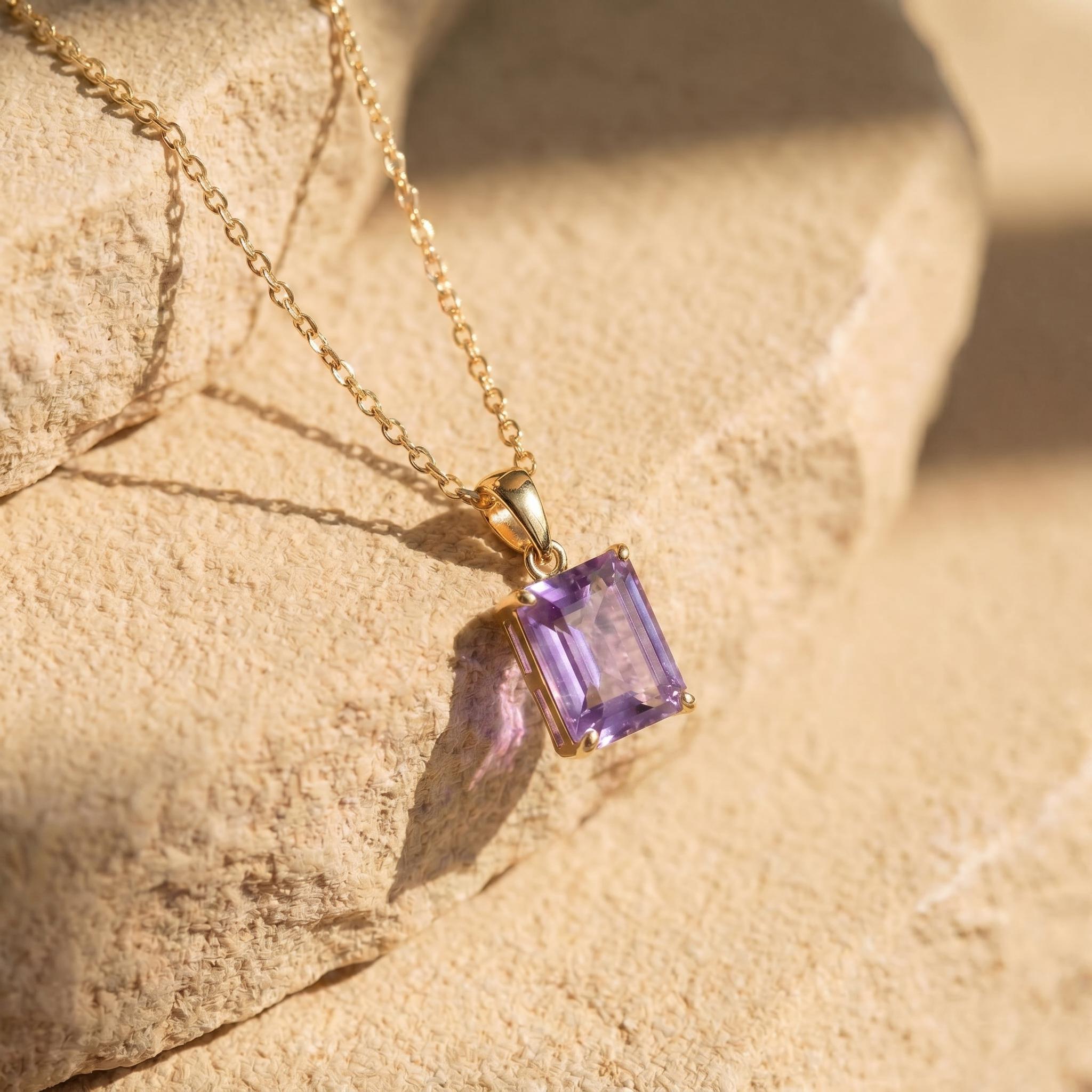Elegant Amethyst Rectangle Pendant Necklace | Gold Plated Delicate Chain | February Birthstone Gift for Her | Minimalist Gemstone Jewelry
