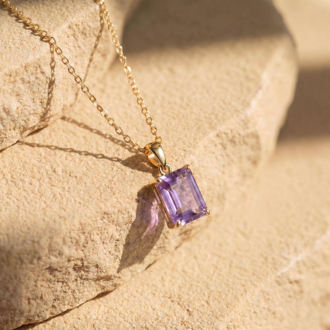 Elegant Amethyst Rectangle Pendant Necklace | Gold Plated Delicate Chain | February Birthstone Gift for Her | Minimalist Gemstone Jewelry