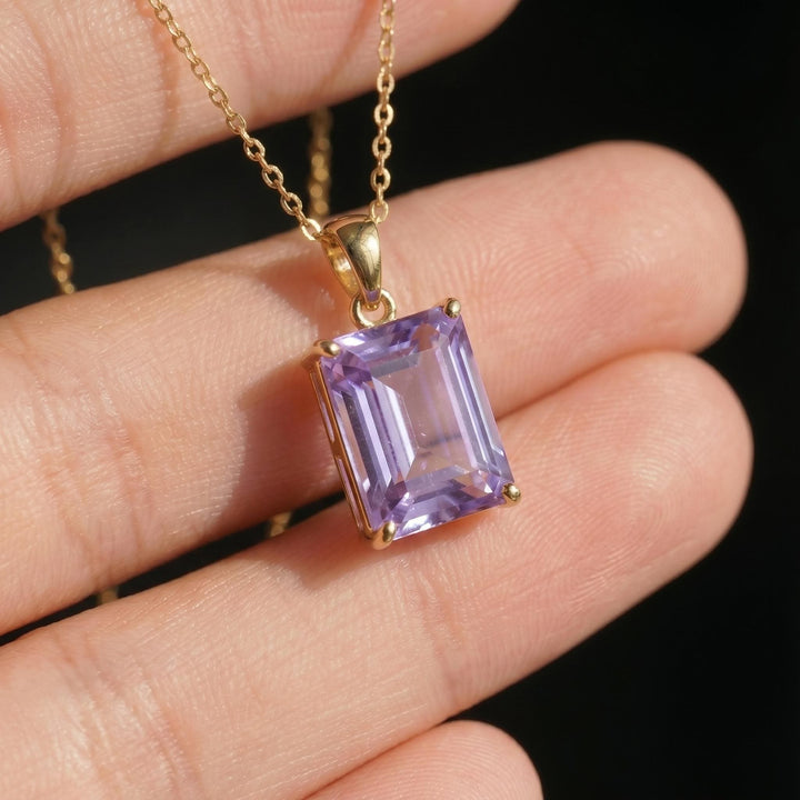 Elegant Amethyst Rectangle Pendant Necklace | Gold Plated Delicate Chain | February Birthstone Gift for Her | Minimalist Gemstone Jewelry