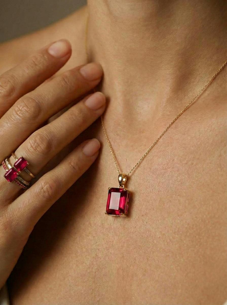 Emerald Cut Ruby Red Gemstone Necklace | Dainty 14K Solid Gold Pendant | Elegant Vintage Style Gift for Her | Anniversary Jewelry