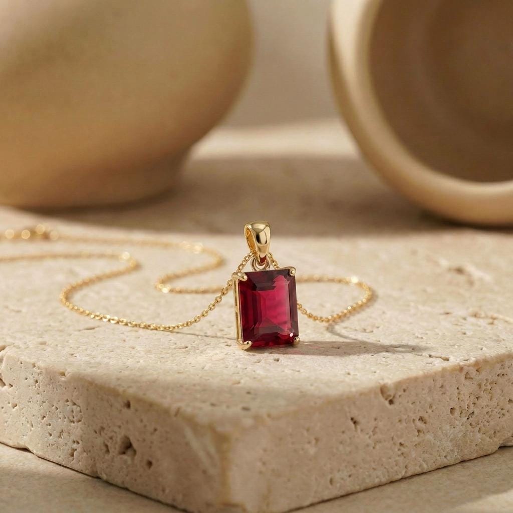 Emerald Cut Ruby Red Gemstone Necklace | Dainty 14K Solid Gold Pendant | Elegant Vintage Style Gift for Her | Anniversary Jewelry