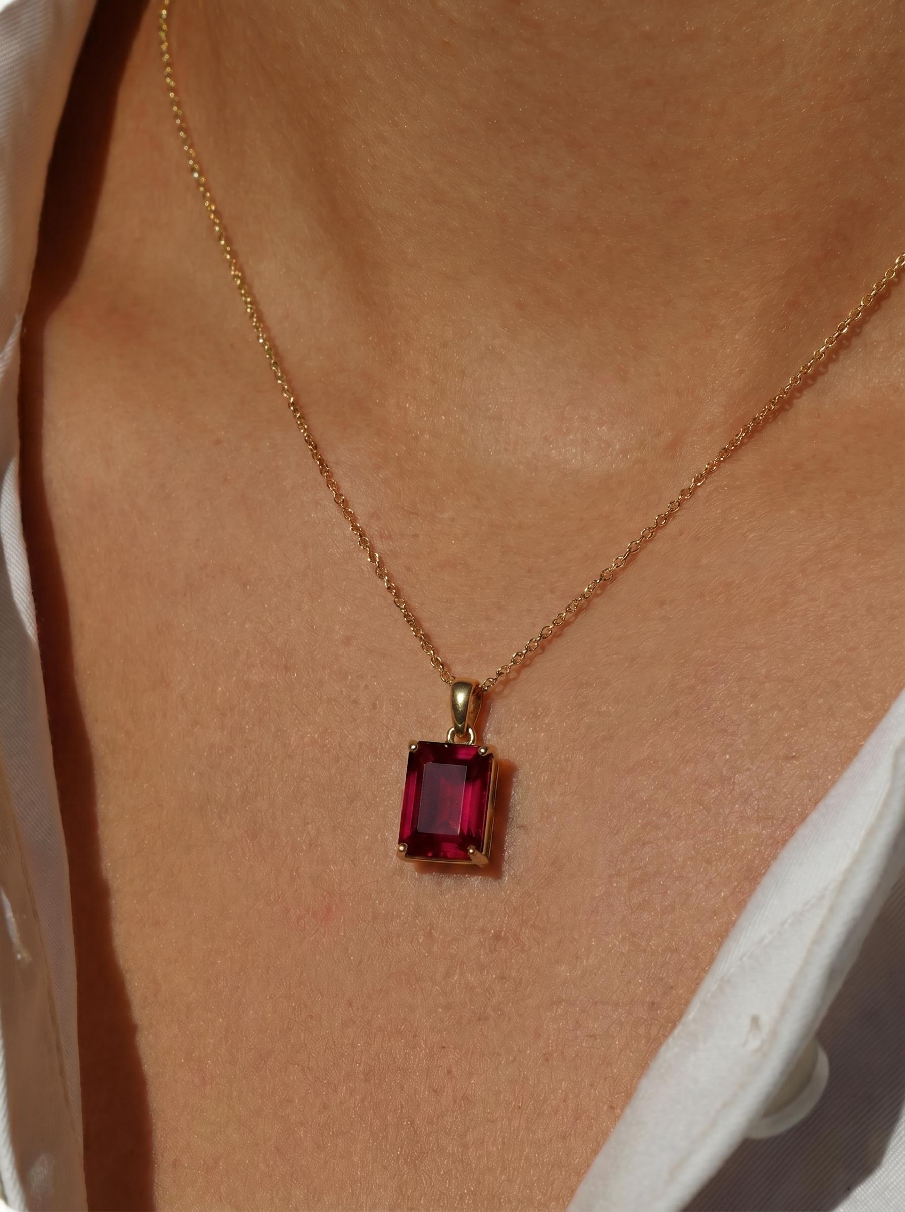 Emerald Cut Ruby Red Gemstone Necklace | Dainty 14K Solid Gold Pendant | Elegant Vintage Style Gift for Her | Anniversary Jewelry