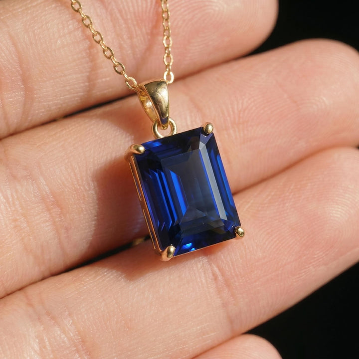 Elegant Emerald Cut Blue Gemstone Gold Necklace | Dainty Sapphire Blue Pendant | Classic Gold Chain Jewelry Gift for Her
