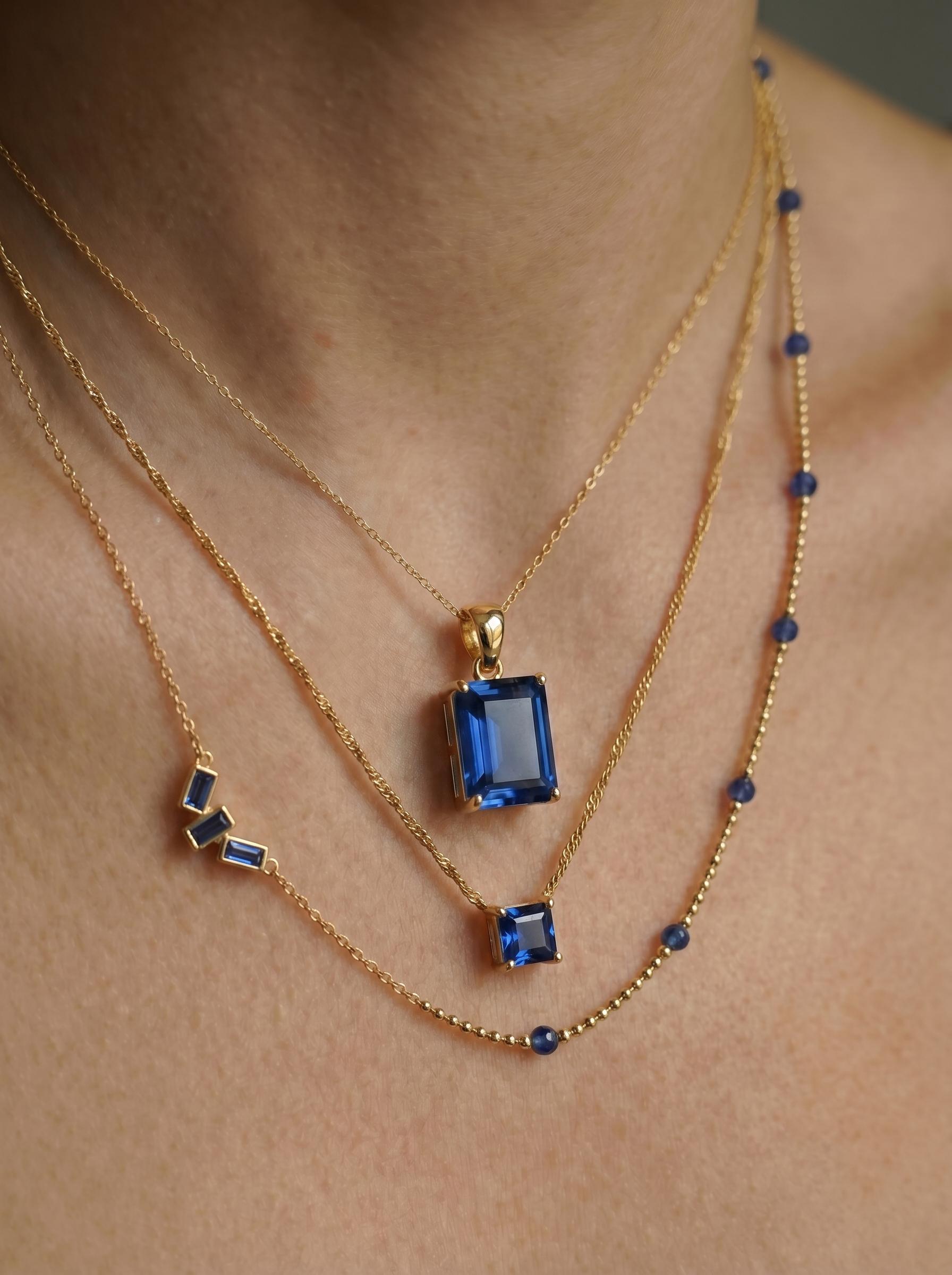 Elegant Emerald Cut Blue Gemstone Gold Necklace | Dainty Sapphire Blue Pendant | Classic Gold Chain Jewelry Gift for Her