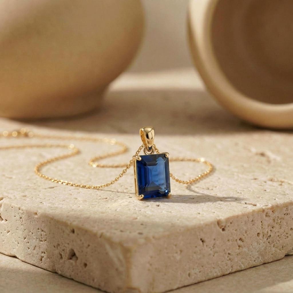 Elegant Emerald Cut Blue Gemstone Gold Necklace | Dainty Sapphire Blue Pendant | Classic Gold Chain Jewelry Gift for Her