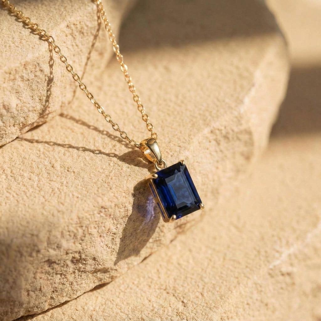 Elegant Emerald Cut Blue Gemstone Gold Necklace | Dainty Sapphire Blue Pendant | Classic Gold Chain Jewelry Gift for Her