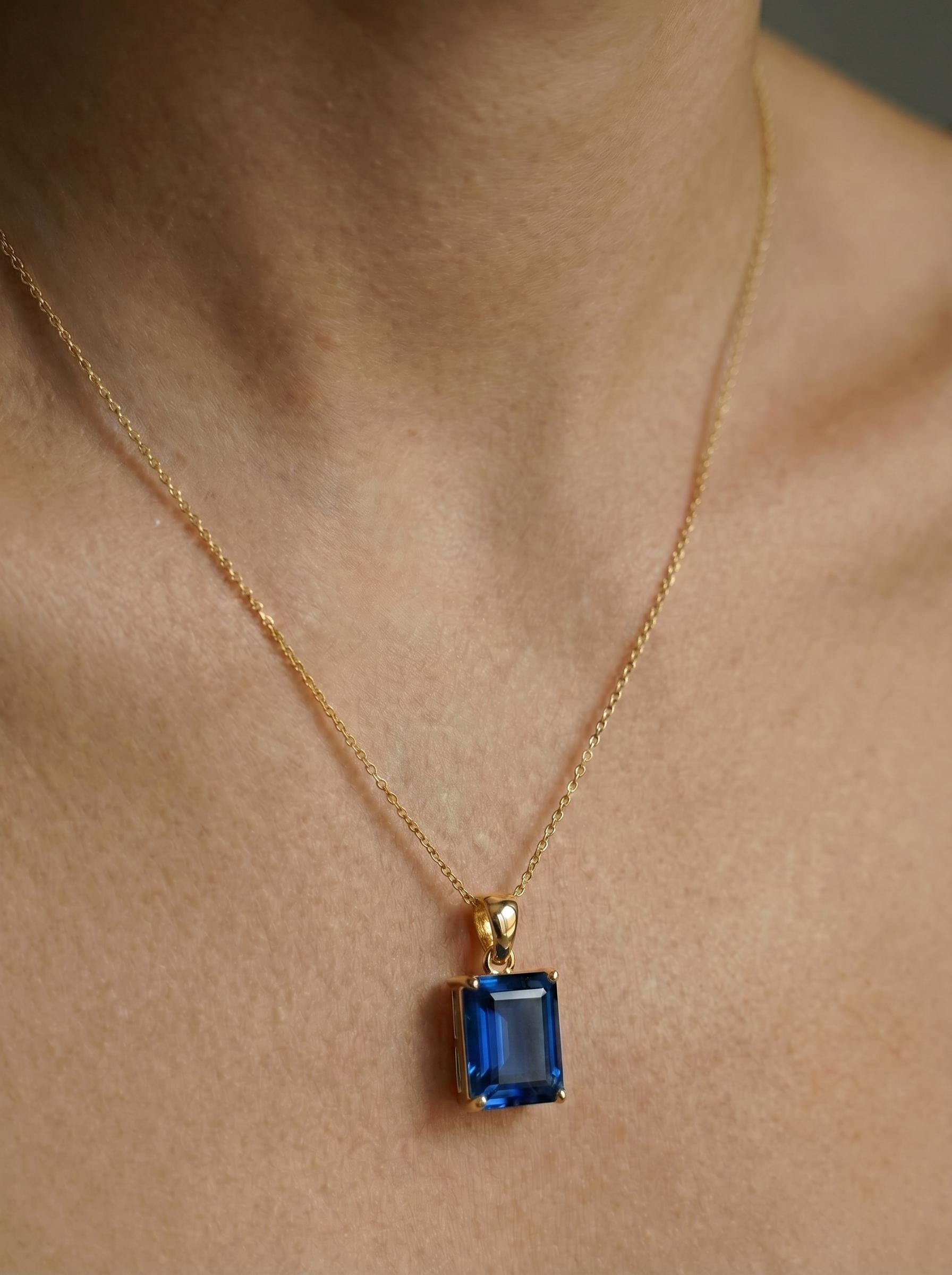 Elegant Emerald Cut Blue Gemstone Gold Necklace | Dainty Sapphire Blue Pendant | Classic Gold Chain Jewelry Gift for Her