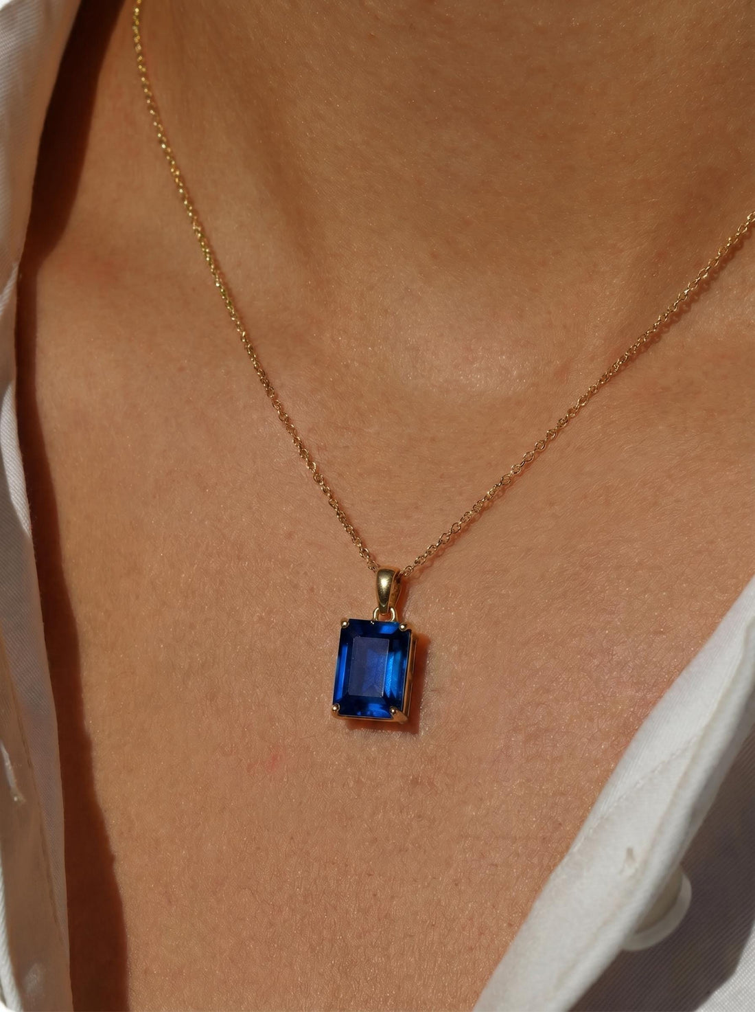 Elegant Emerald Cut Blue Gemstone Gold Necklace | Dainty Sapphire Blue Pendant | Classic Gold Chain Jewelry Gift for Her