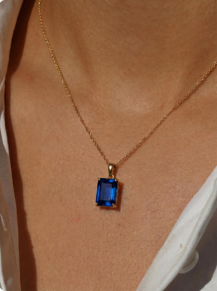 Elegant Emerald Cut Blue Gemstone Gold Necklace | Dainty Sapphire Blue Pendant | Classic Gold Chain Jewelry Gift for Her