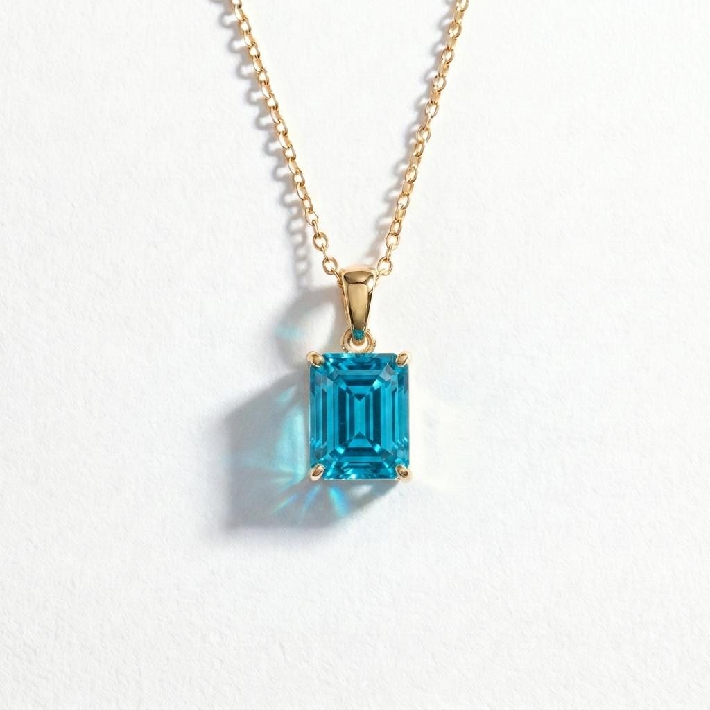 Emerald Cut Blue Zircon Necklace | Dainty 14K Gold Filled Pendant | December Birthstone Jewelry Gift for Her