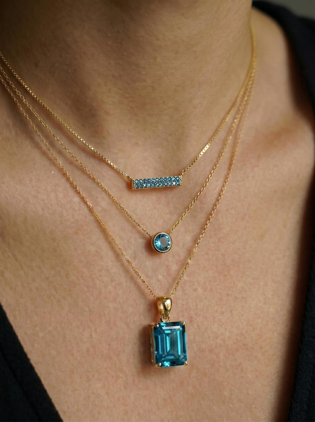 Emerald Cut Blue Zircon Necklace | Dainty 14K Gold Filled Pendant | December Birthstone Jewelry Gift for Her