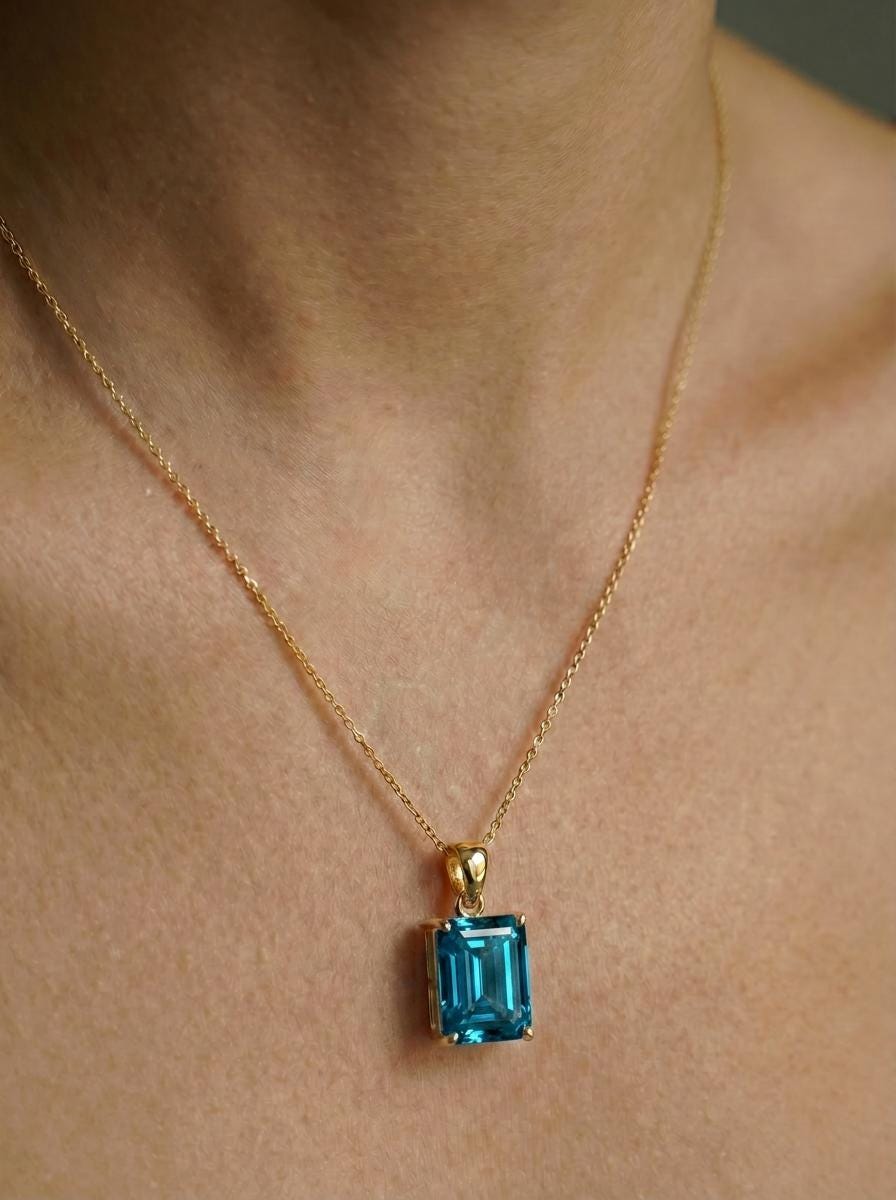 Emerald Cut Blue Zircon Necklace | Dainty 14K Gold Filled Pendant | December Birthstone Jewelry Gift for Her