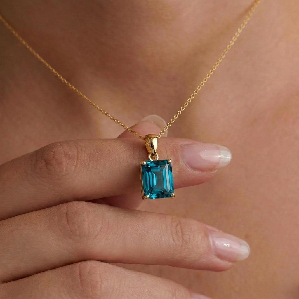 Emerald Cut Blue Zircon Necklace | Dainty 14K Gold Filled Pendant | December Birthstone Jewelry Gift for Her