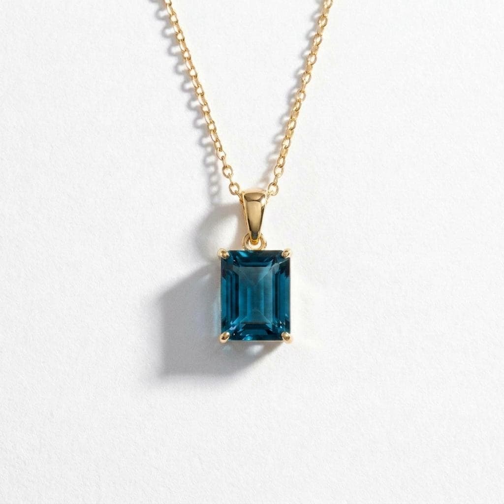 Dainty London Blue Topaz Necklace, Emerald Cut Gold Pendant, December Birthstone Jewelry, Minimalist Gemstone Gift for Her