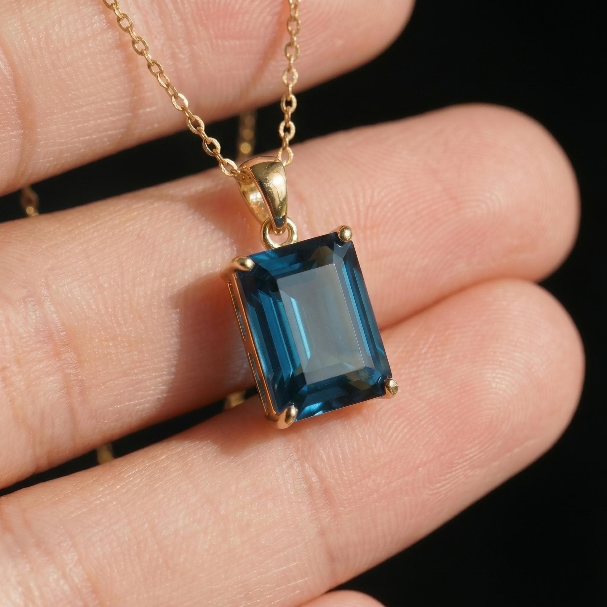 Dainty London Blue Topaz Necklace, Emerald Cut Gold Pendant, December Birthstone Jewelry, Minimalist Gemstone Gift for Her