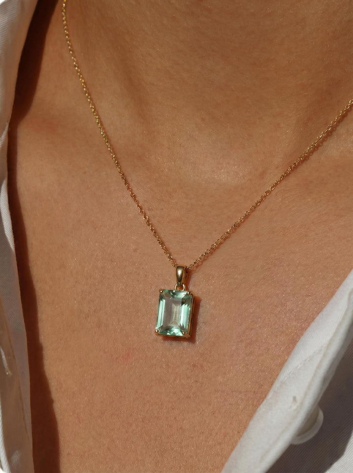 14K Gold Prasiolite Necklace | Emerald Cut Green Amethyst Pendant | Dainty Gold Gemstone Jewelry Gift for Her