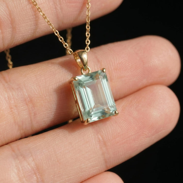 14K Gold Prasiolite Necklace | Emerald Cut Green Amethyst Pendant | Dainty Gold Gemstone Jewelry Gift for Her