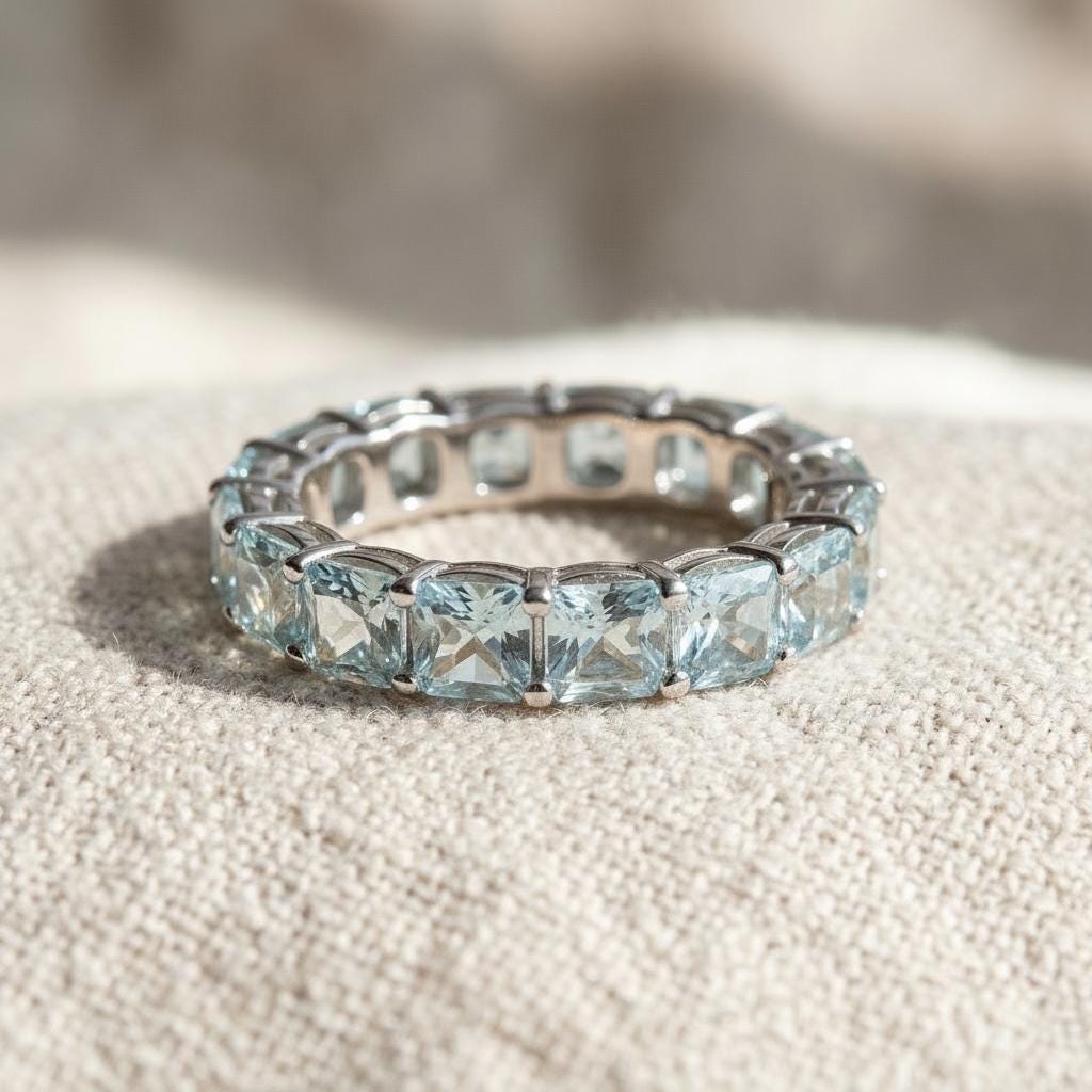 Cushion Cut Aquamarine Wedding Band, Full Eternity Stacking Ring for Women, 18K Gold Matching Ring, March Birthstone Gift