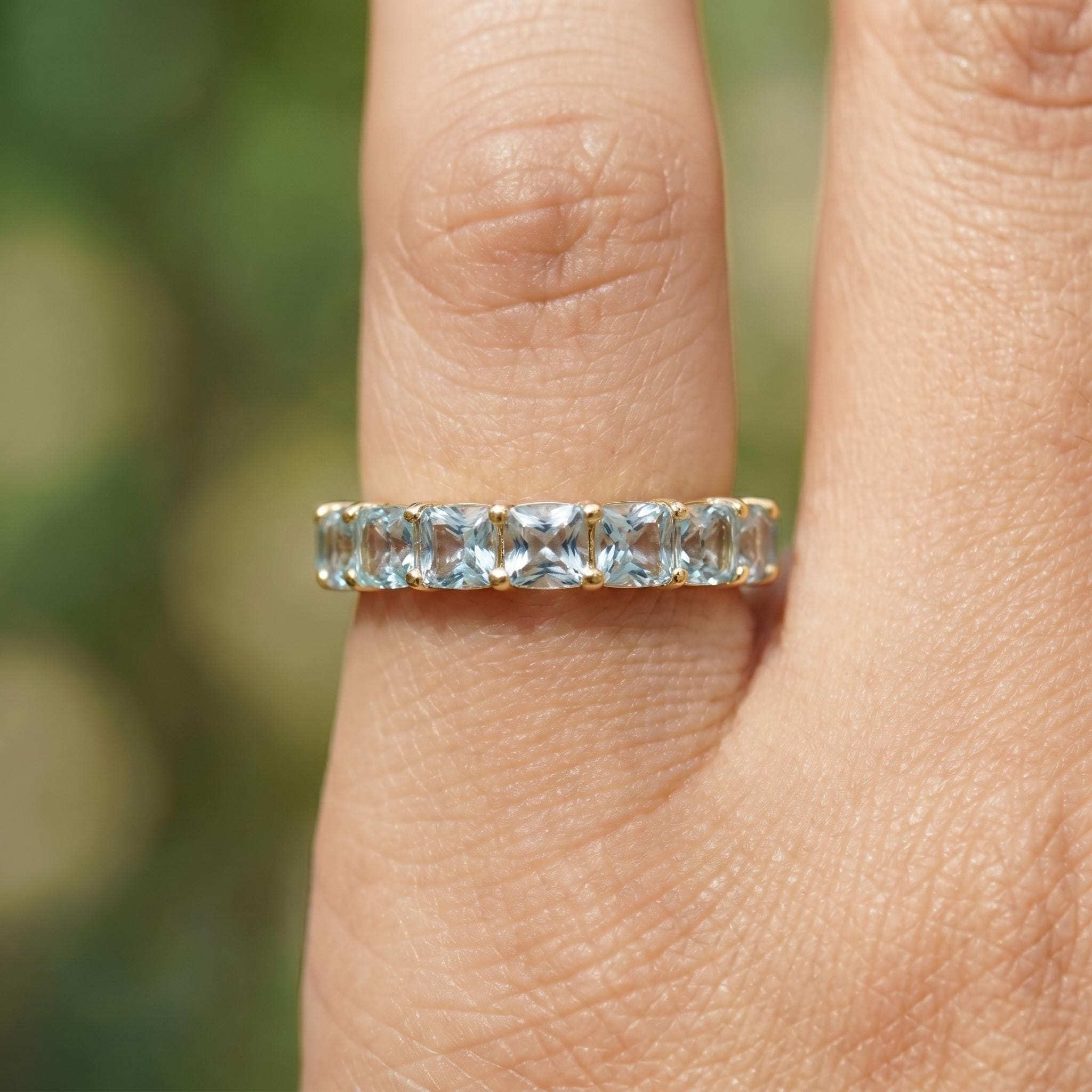 Cushion Cut Aquamarine Wedding Band, Full Eternity Stacking Ring for Women, 18K Gold Matching Ring, March Birthstone Gift
