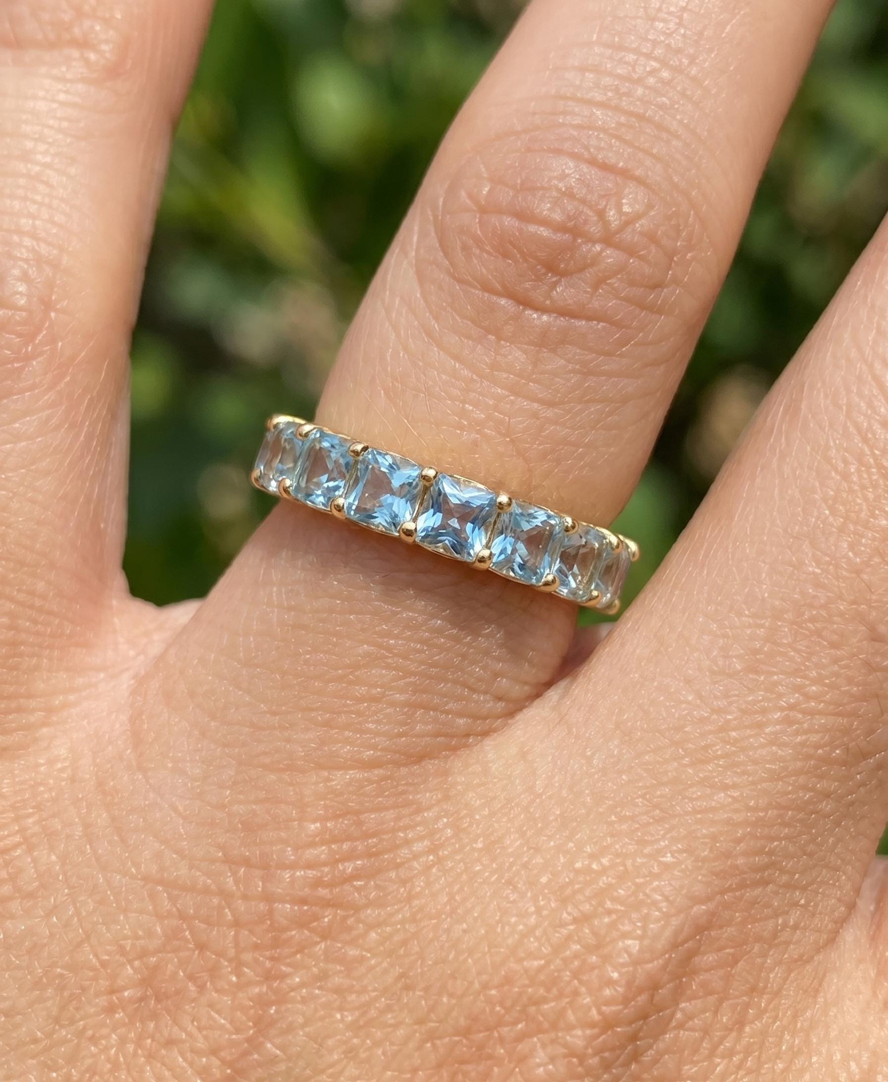 Cushion Cut Aquamarine Wedding Band, Full Eternity Stacking Ring for Women, 18K Gold Matching Ring, March Birthstone Gift