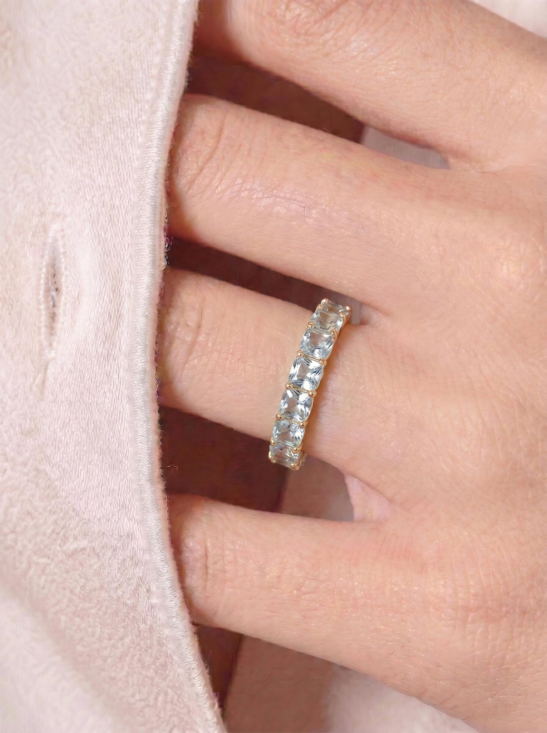 Cushion Cut Aquamarine Wedding Band, Full Eternity Stacking Ring for Women, 18K Gold Matching Ring, March Birthstone Gift