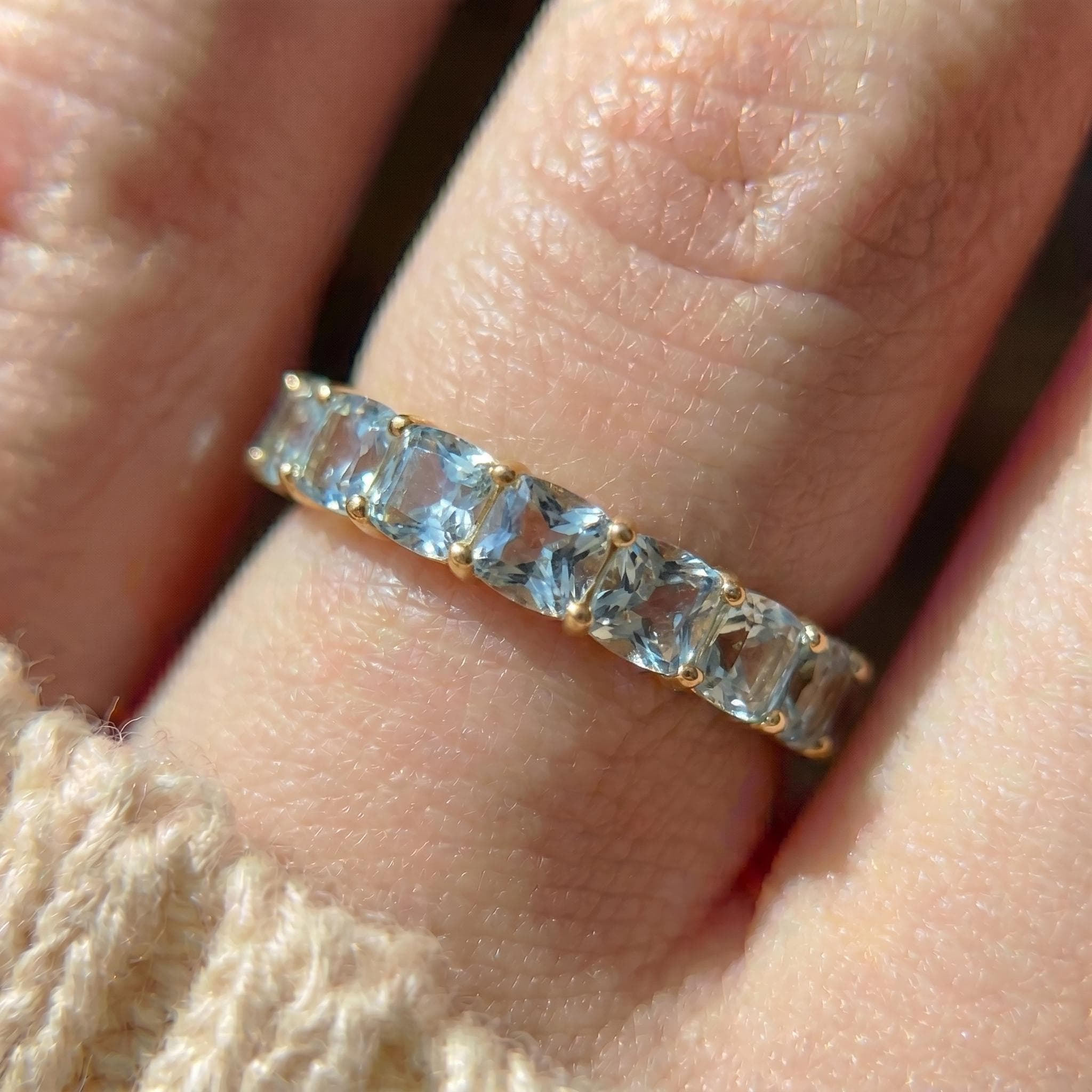 Cushion Cut Aquamarine Wedding Band, Full Eternity Stacking Ring for Women, 18K Gold Matching Ring, March Birthstone Gift