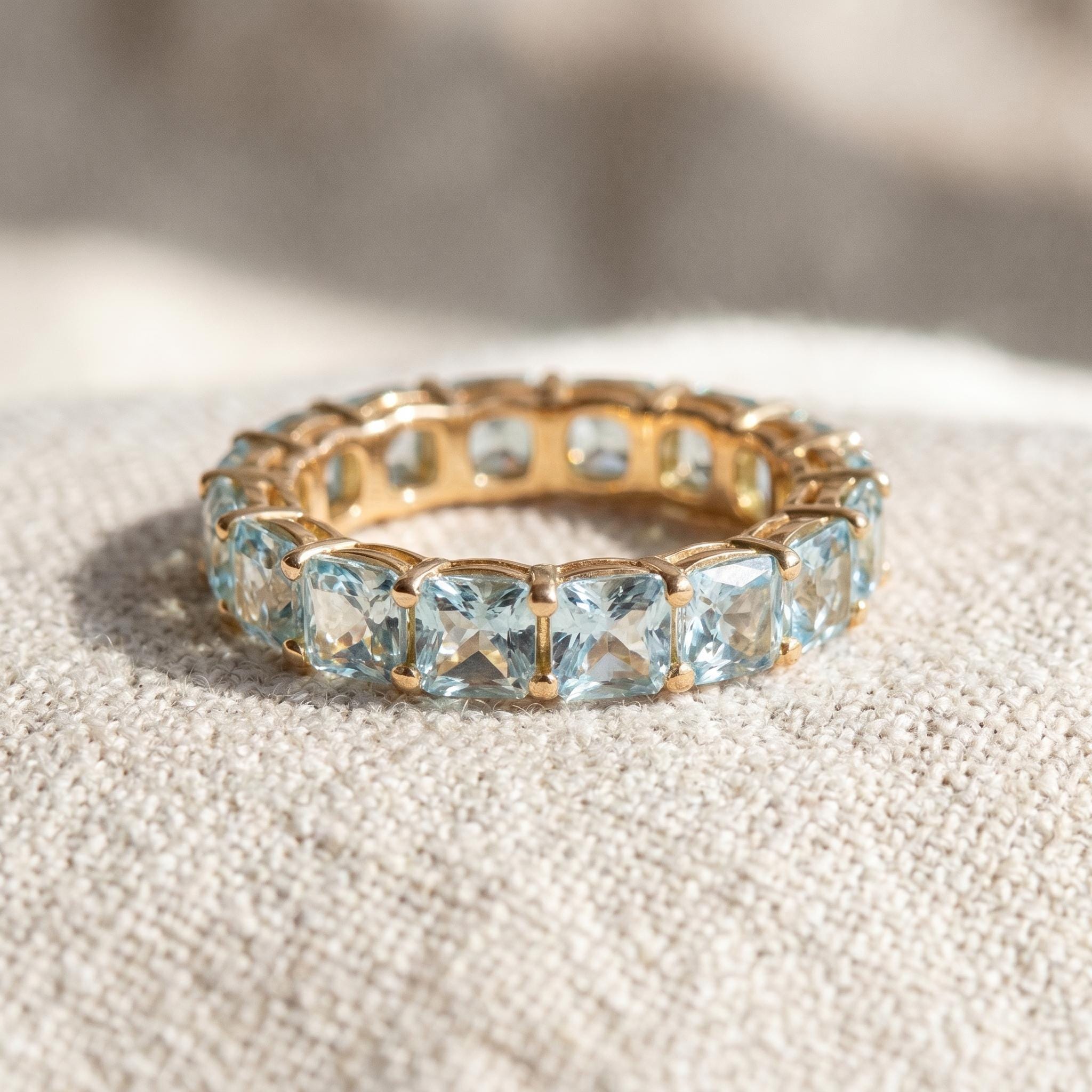 Cushion Cut Aquamarine Wedding Band, Full Eternity Stacking Ring for Women, 18K Gold Matching Ring, March Birthstone Gift