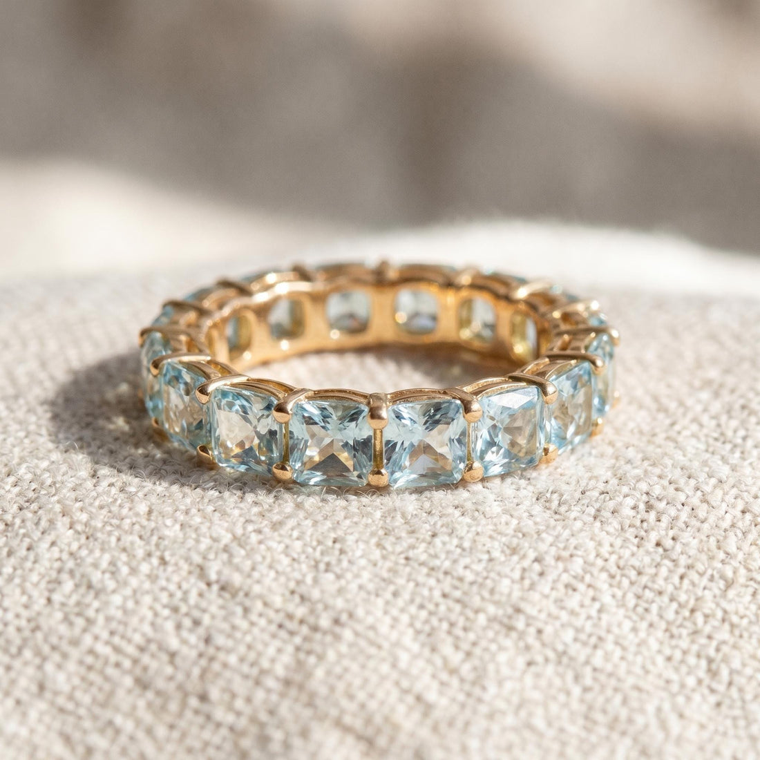 Cushion Cut Aquamarine Wedding Band, Full Eternity Stacking Ring for Women, 18K Gold Matching Ring, March Birthstone Gift