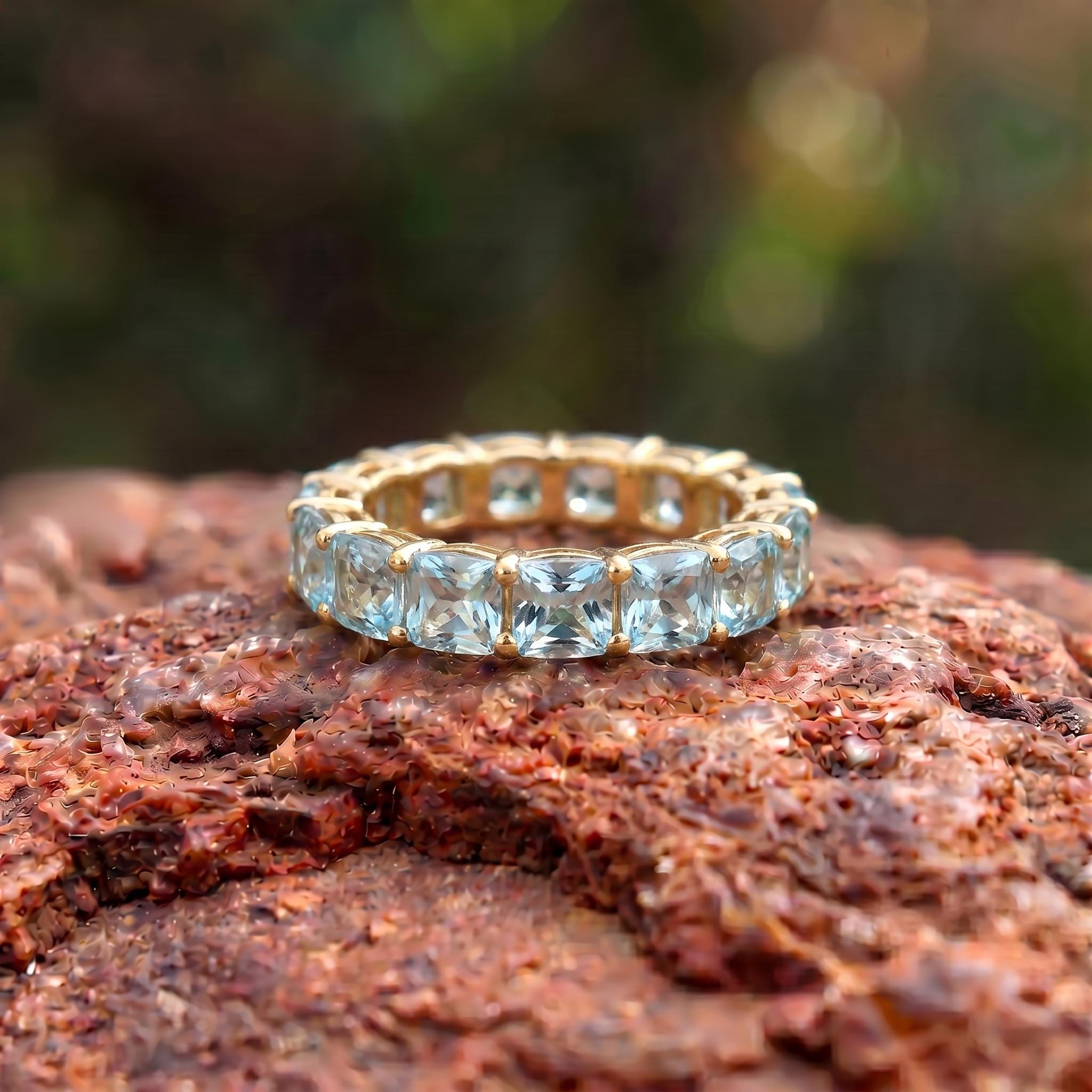 Cushion Cut Aquamarine Wedding Band, Full Eternity Stacking Ring for Women, 18K Gold Matching Ring, March Birthstone Gift