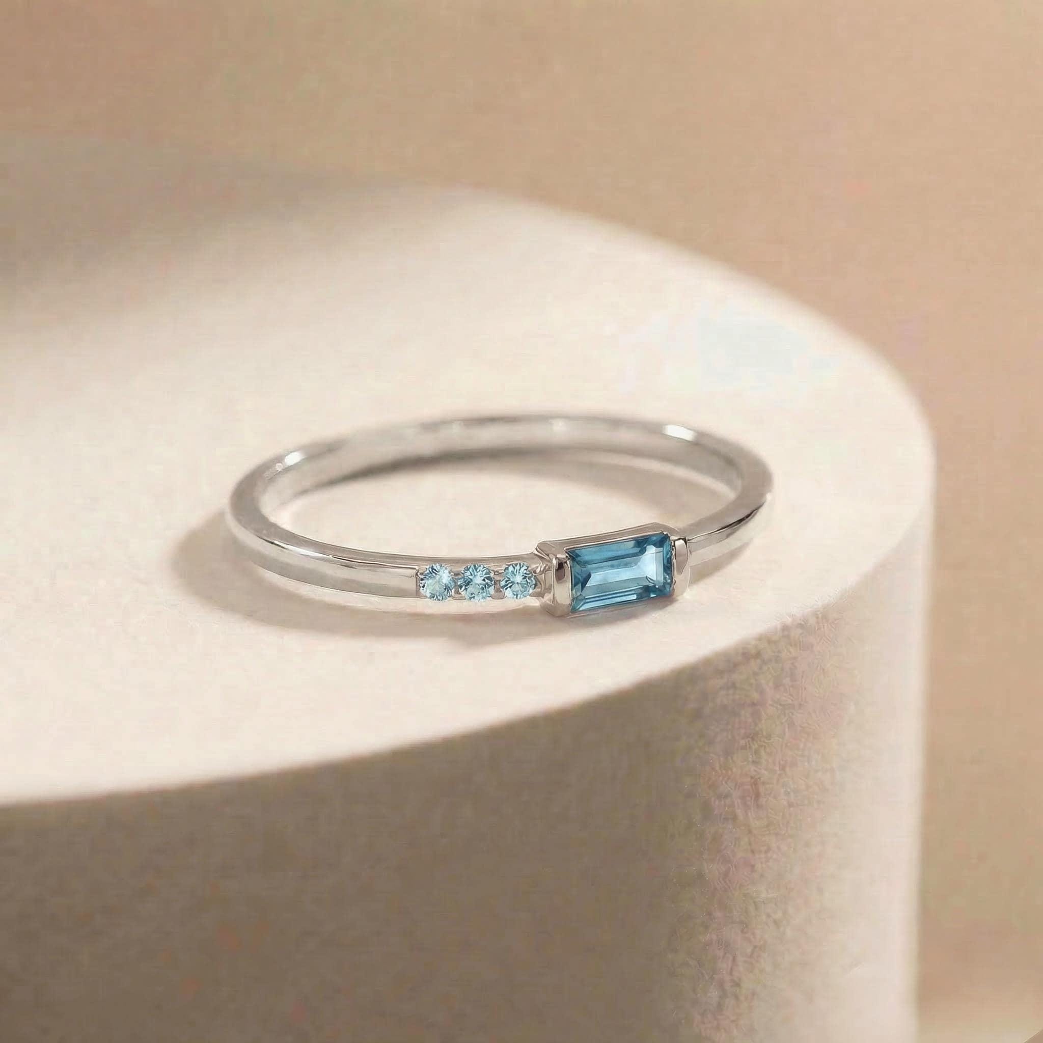 Baguette Aquamarine Ring | Dainty Minimalist March Birthstone Jewelry | Gift for Wife | Mother’s Day Ring
