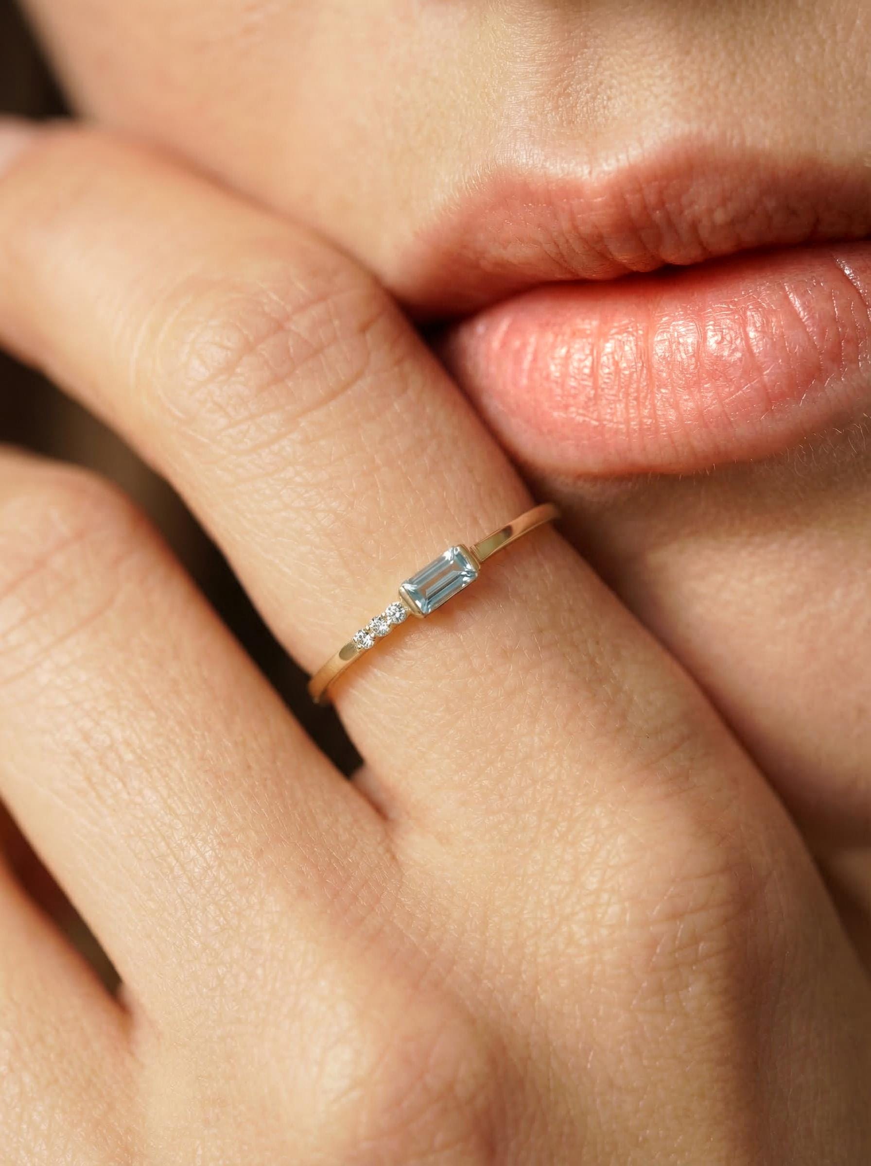 Baguette Aquamarine Ring | Dainty Minimalist March Birthstone Jewelry | Gift for Wife | Mother’s Day Ring