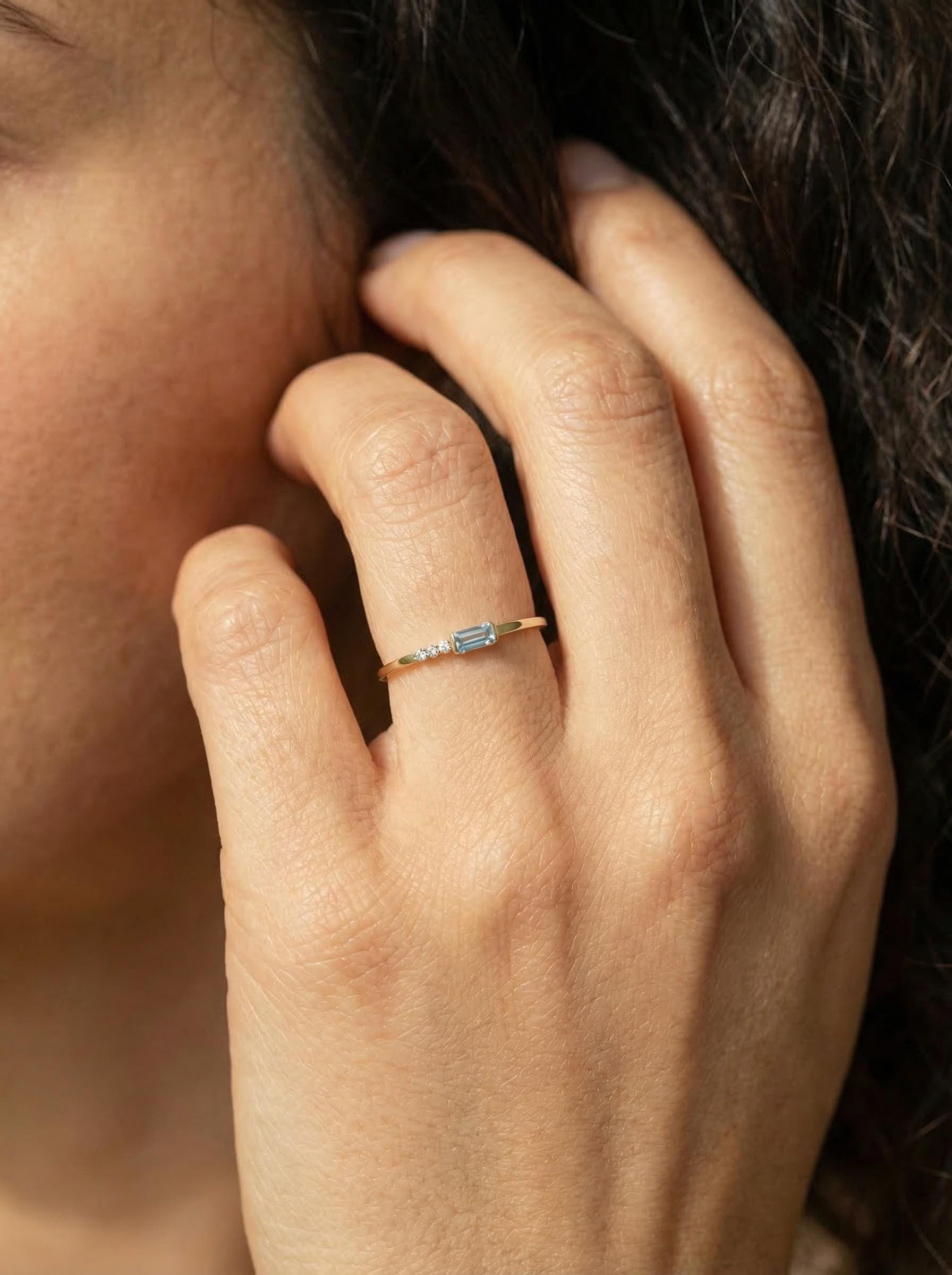 Baguette Aquamarine Ring | Dainty Minimalist March Birthstone Jewelry | Gift for Wife | Mother’s Day Ring