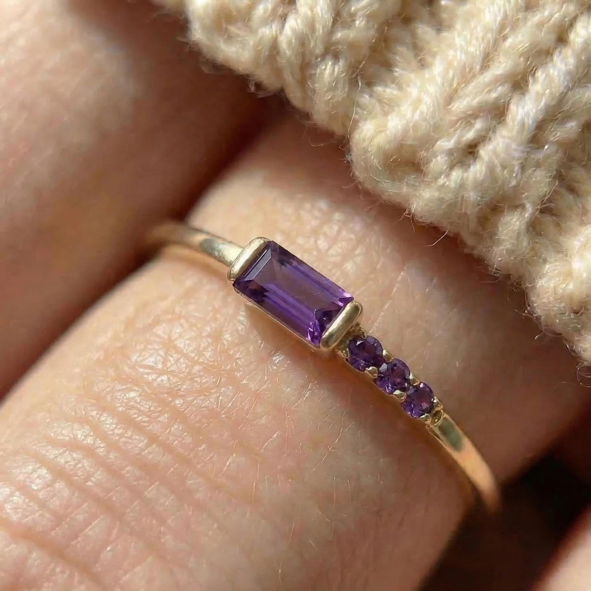 Baguette Amethyst Ring | Dainty Minimalist February Birthstone Jewelry | Personalized Gift for Wife