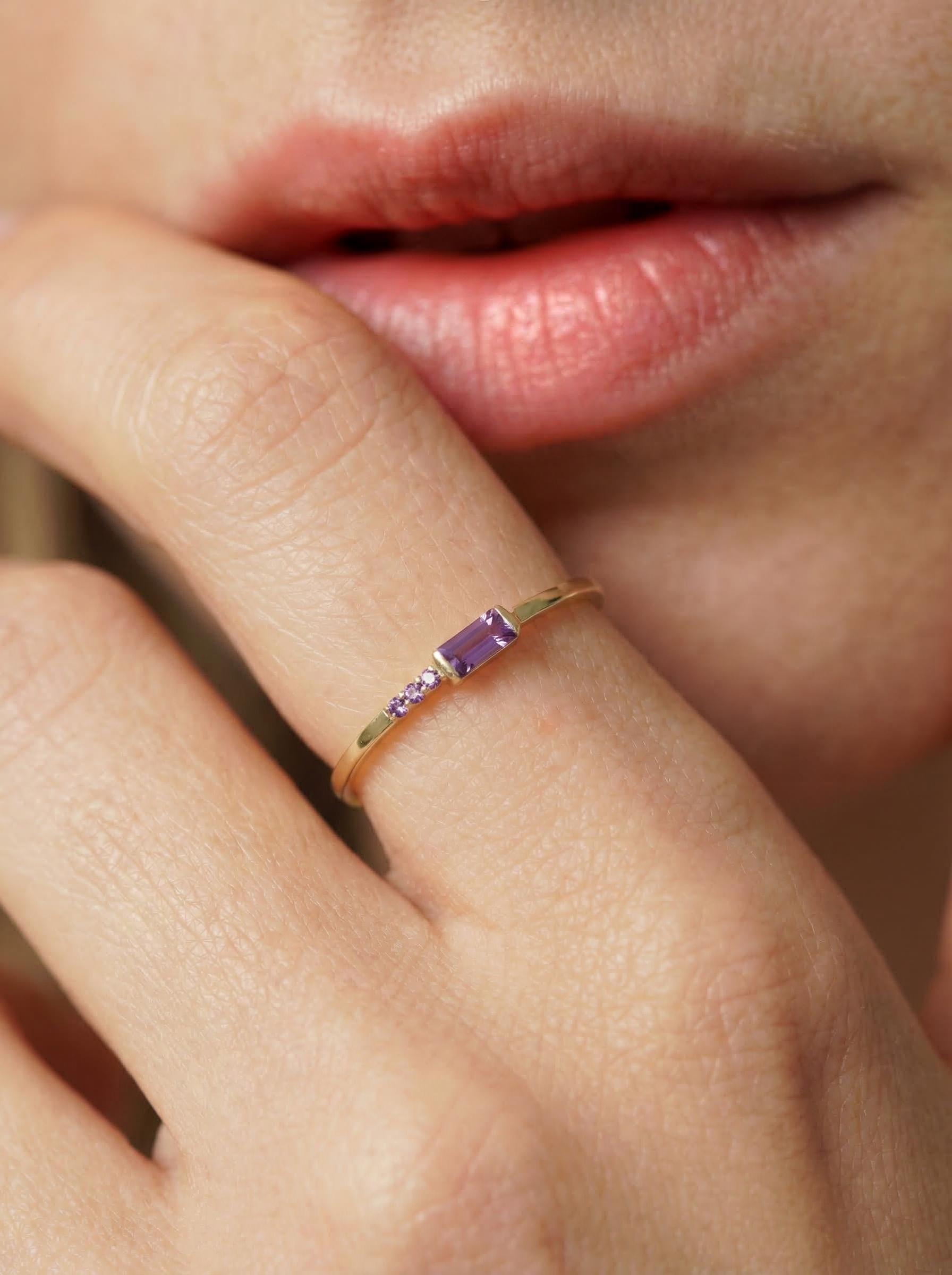 Baguette Amethyst Ring | Dainty Minimalist February Birthstone Jewelry | Personalized Gift for Wife