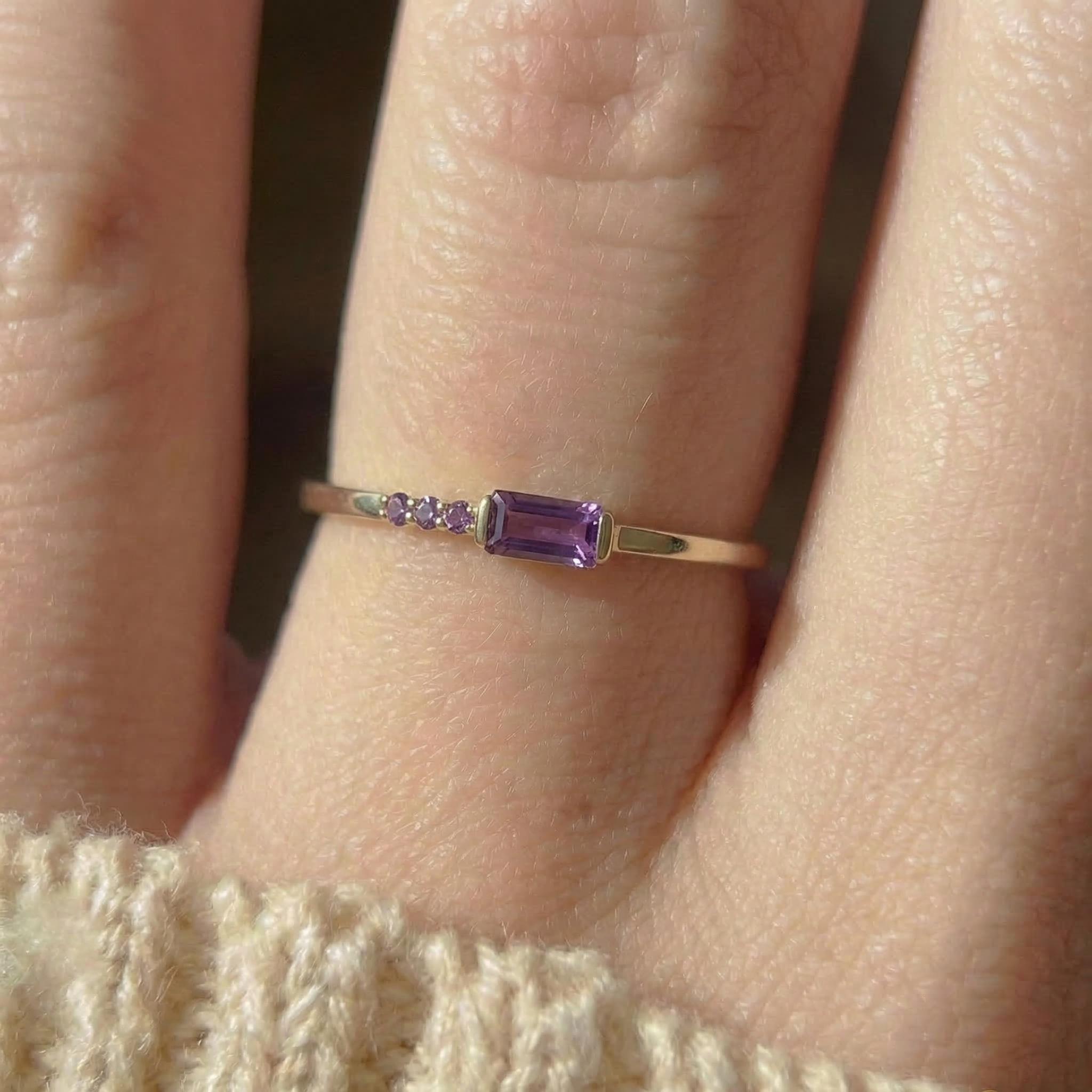 Baguette Amethyst Ring | Dainty Minimalist February Birthstone Jewelry | Personalized Gift for Wife