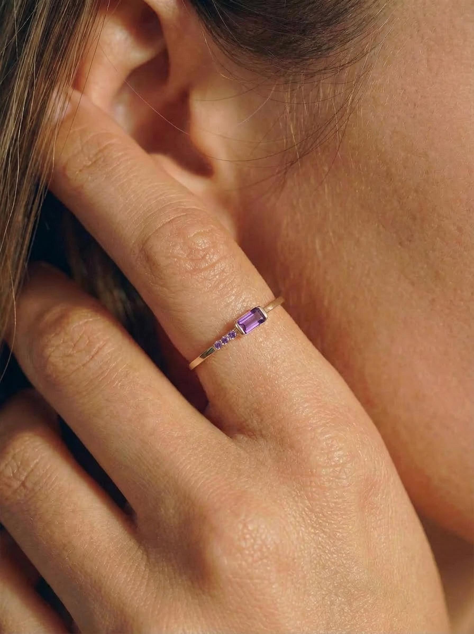 Baguette Amethyst Ring | Dainty Minimalist February Birthstone Jewelry | Personalized Gift for Wife