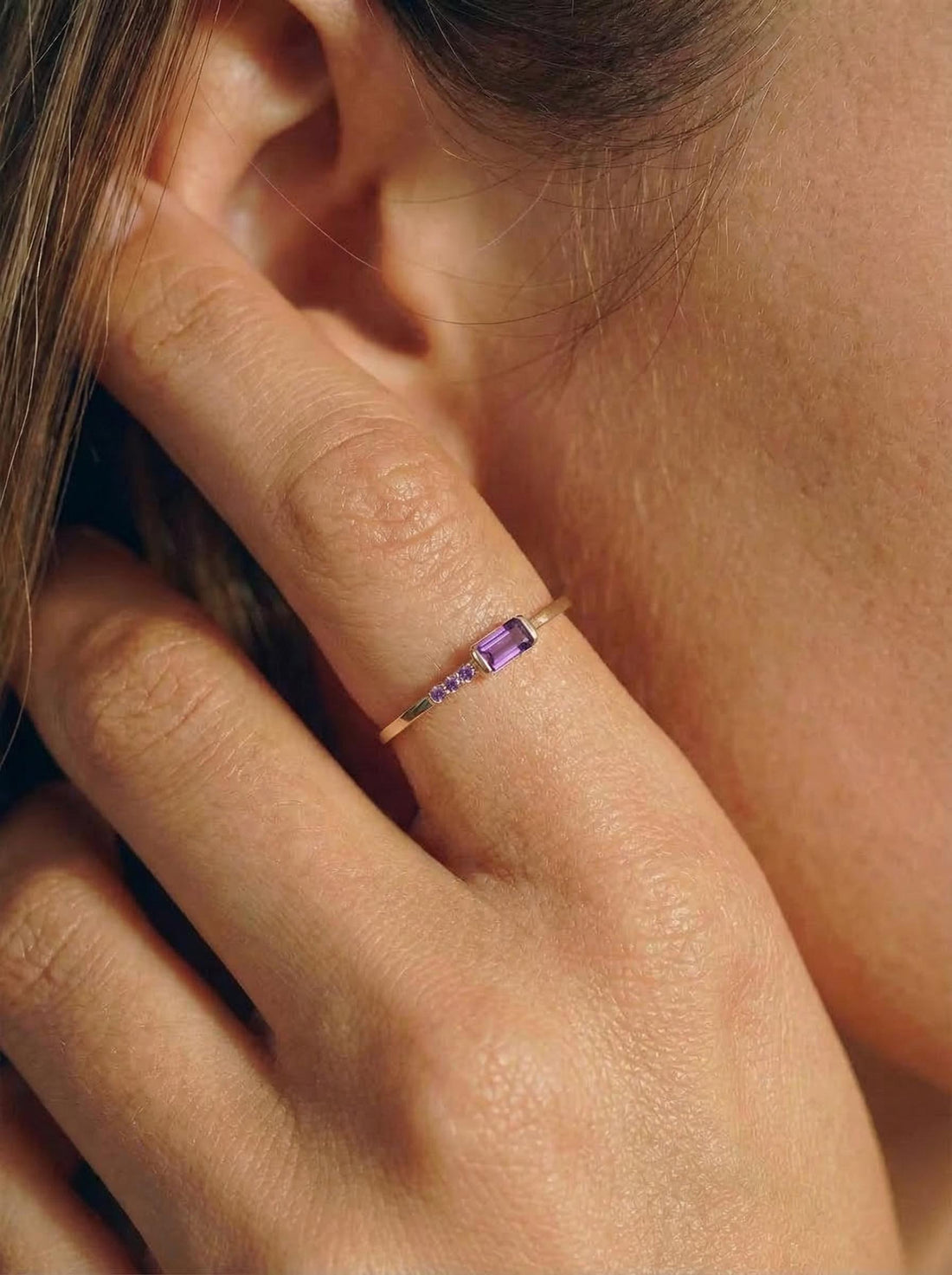 Baguette Amethyst Ring | Dainty Minimalist February Birthstone Jewelry | Personalized Gift for Wife