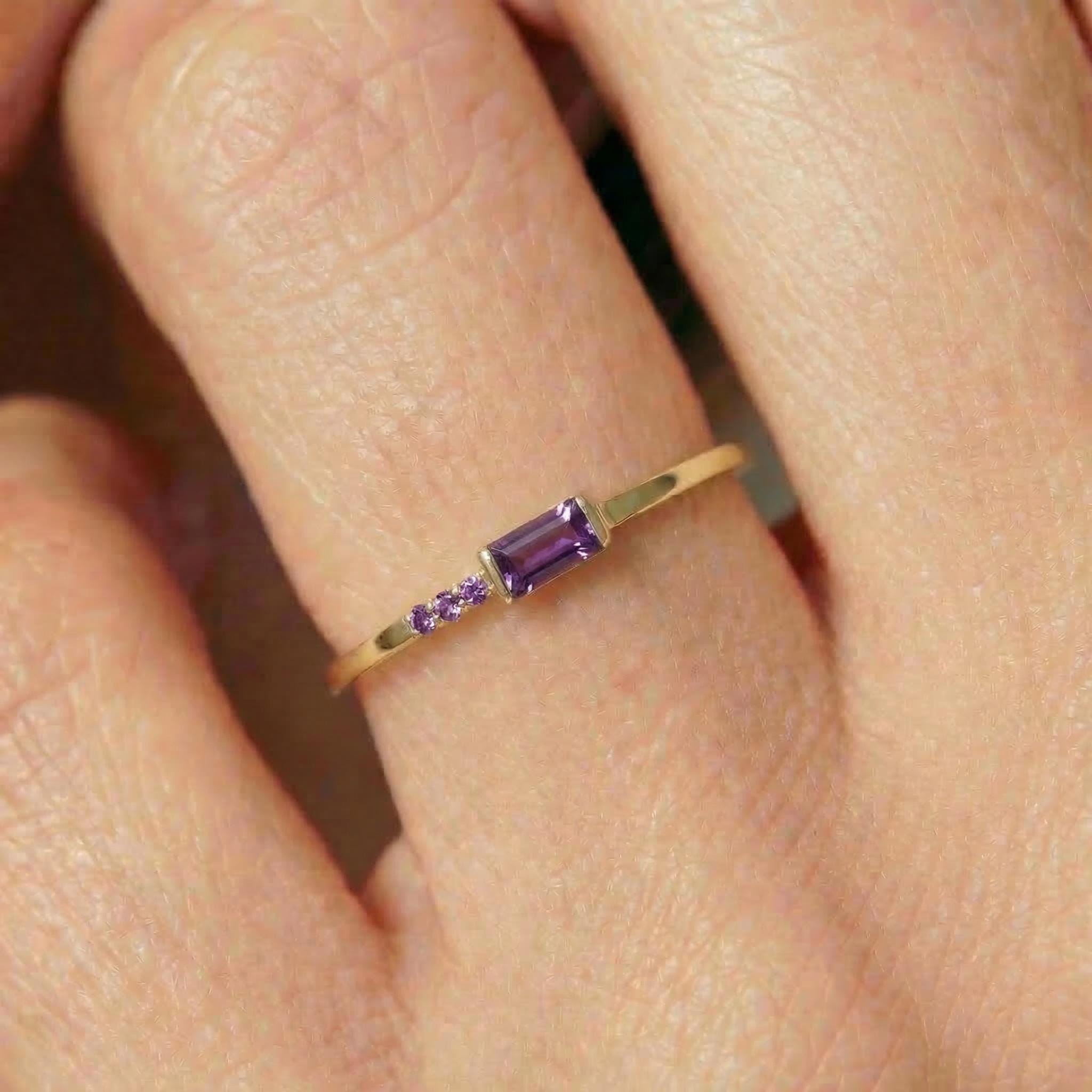 Baguette Amethyst Ring | Dainty Minimalist February Birthstone Jewelry | Personalized Gift for Wife