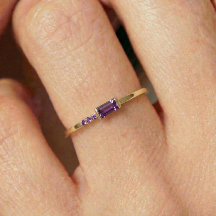 Baguette Amethyst Ring | Dainty Minimalist February Birthstone Jewelry | Personalized Gift for Wife