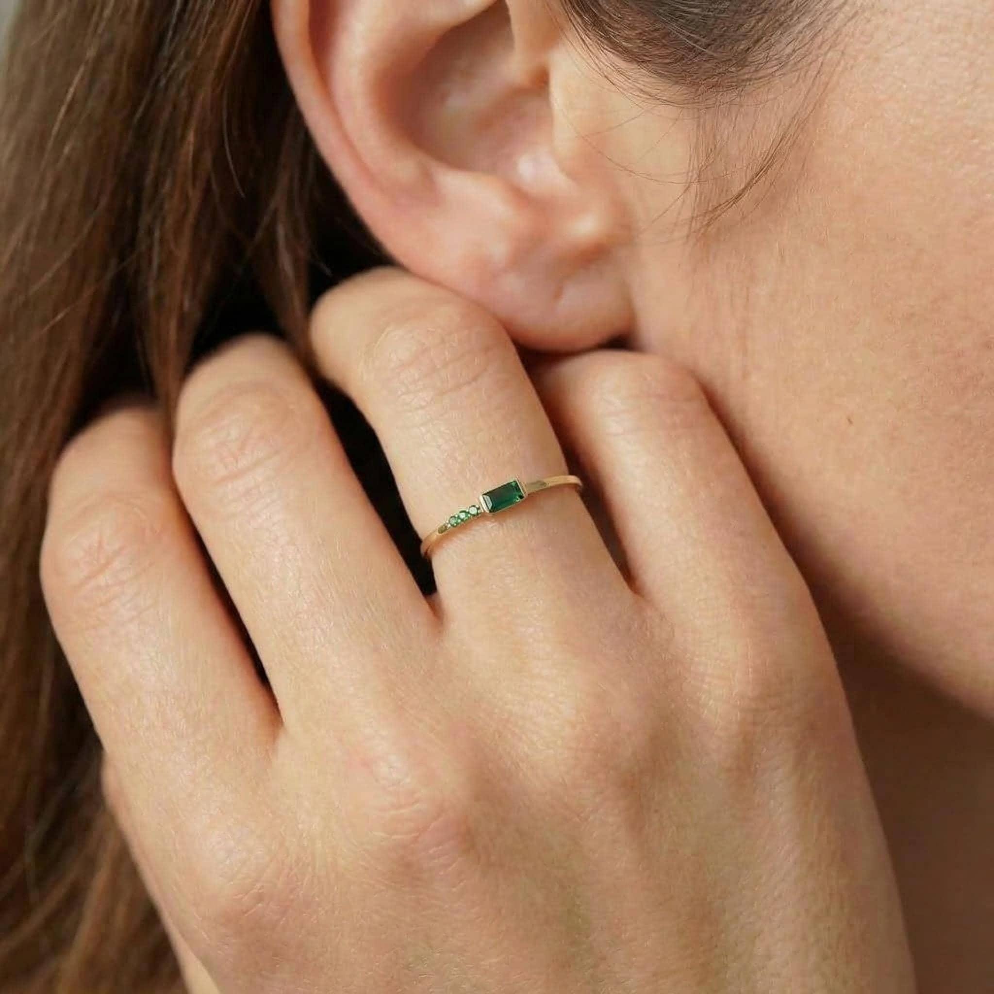 Baguette Green Sapphire Ring | Dainty Minimalist Stacking Band | September Birthstone Ring for Her