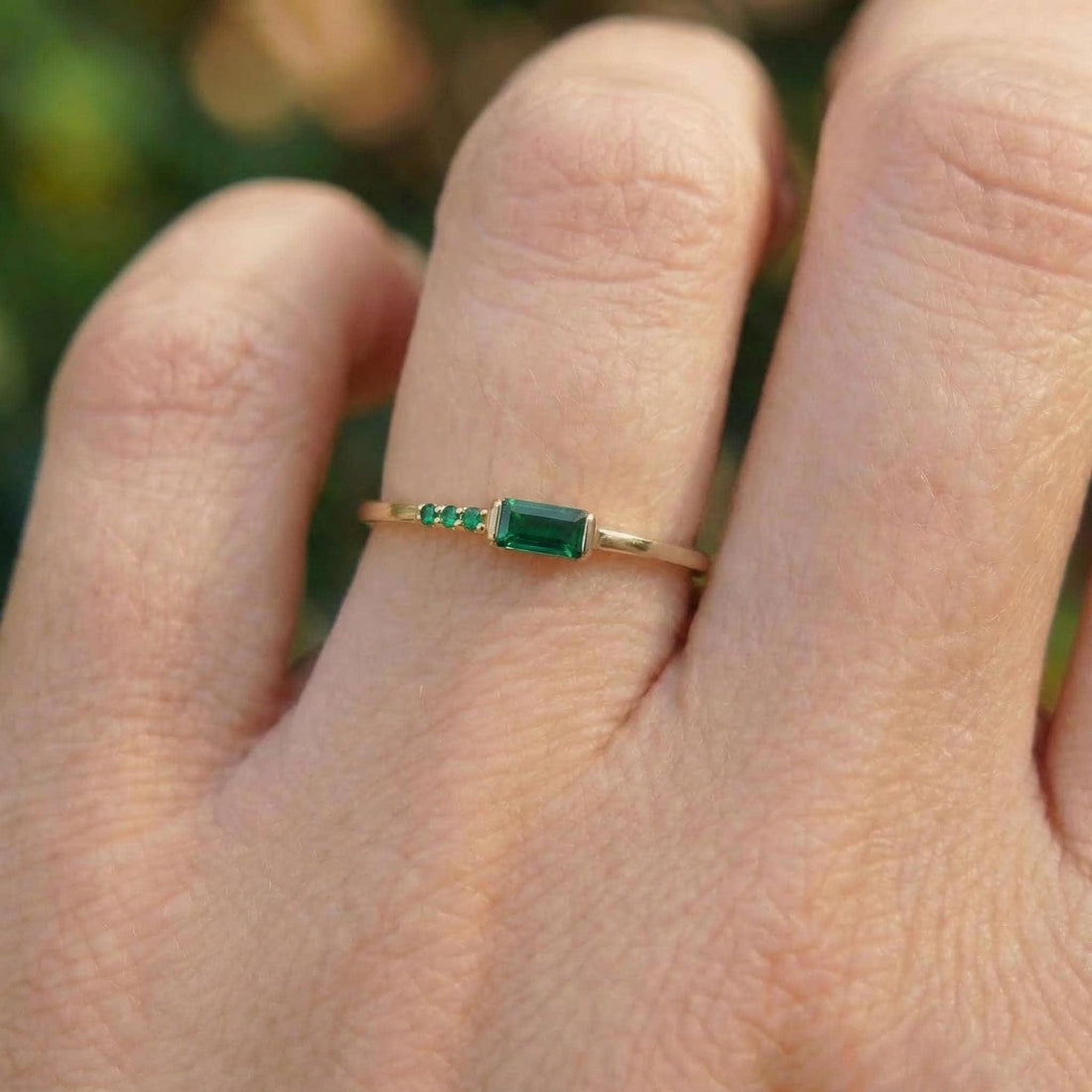 Baguette Green Sapphire Ring | Dainty Minimalist Stacking Band | September Birthstone Ring for Her