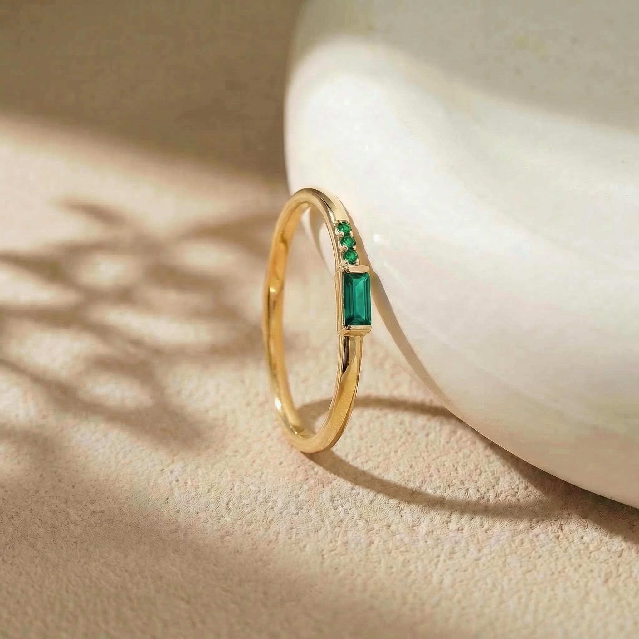 Baguette Green Sapphire Ring | Dainty Minimalist Stacking Band | September Birthstone Ring for Her