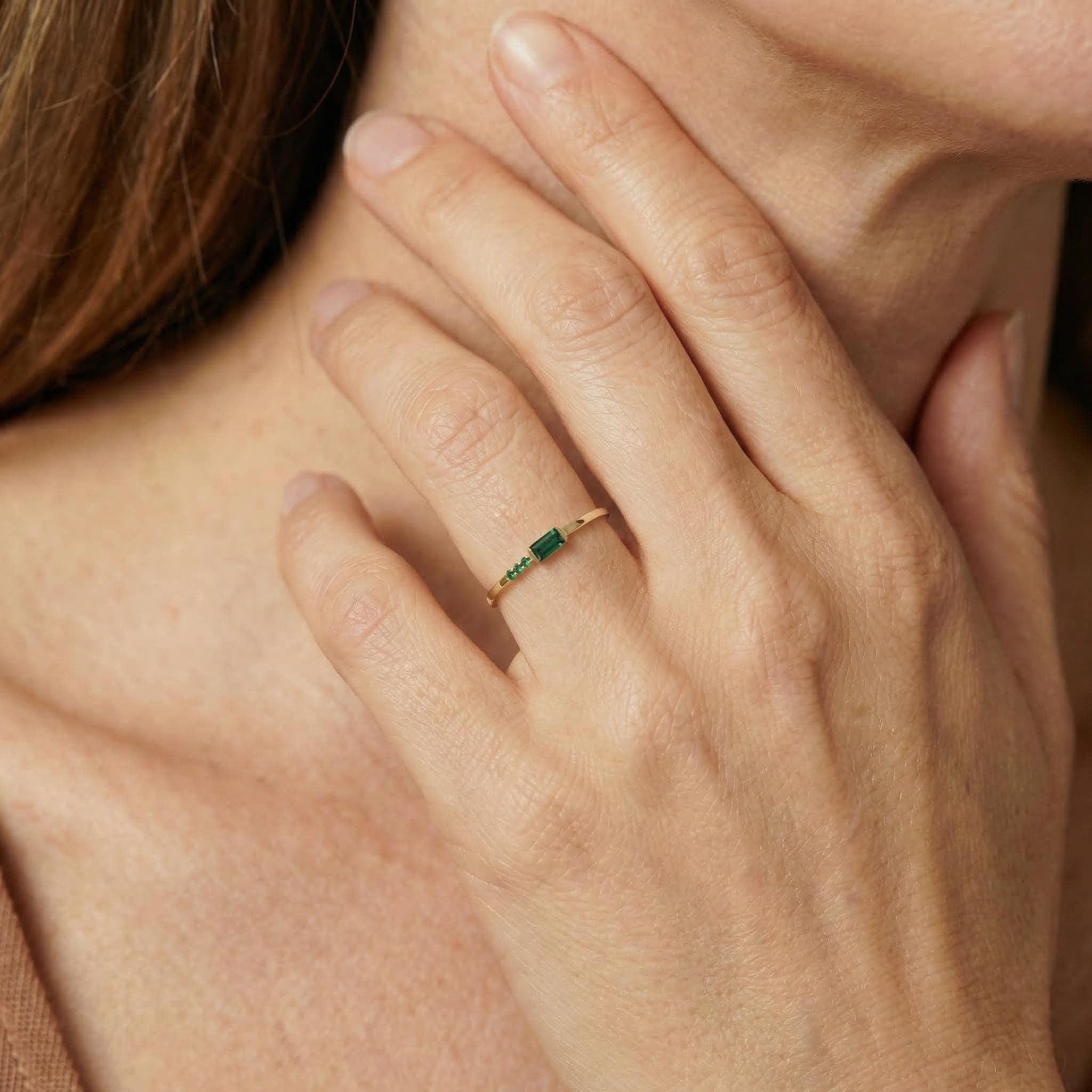 Baguette Green Sapphire Ring | Dainty Minimalist Stacking Band | September Birthstone Ring for Her